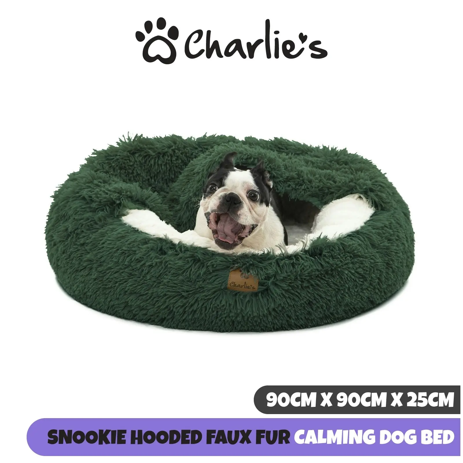 Charlie's Snookie Hooded Faux Fur Calming Dog Bed Eden Green Large