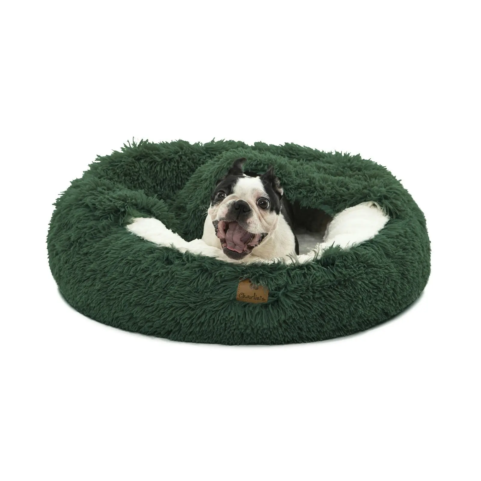 Charlie's Snookie Hooded Faux Fur Calming Dog Bed Eden Green Large