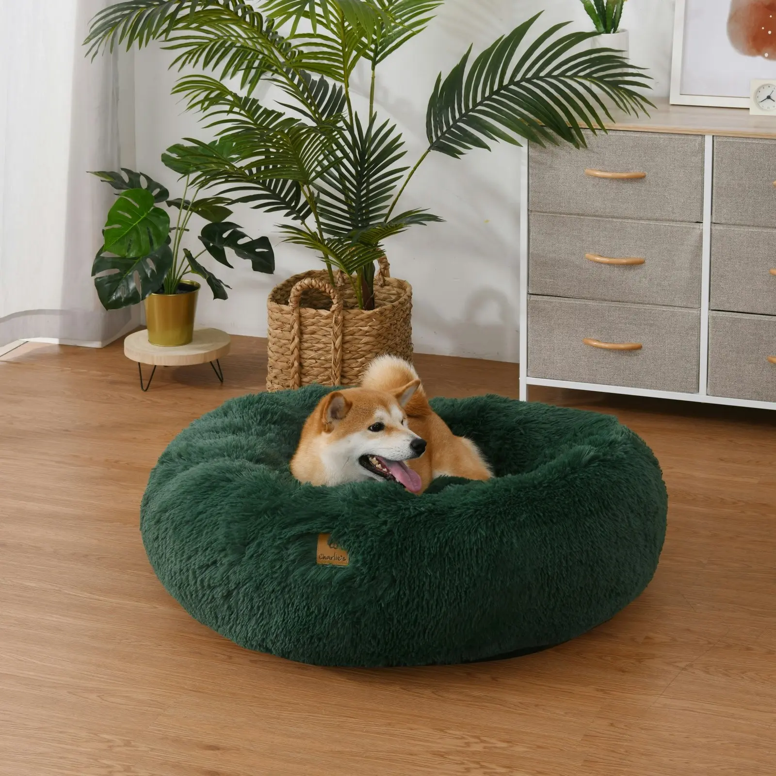 Charlie's Shaggy Faux Fur Round Calming Dog Bed Eden Green Large