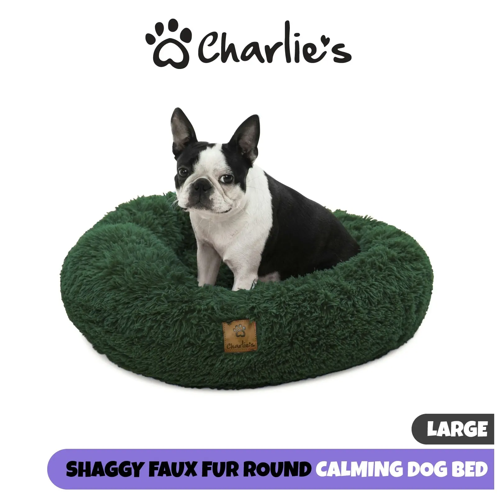 Charlie's Shaggy Faux Fur Round Calming Dog Bed Eden Green Large