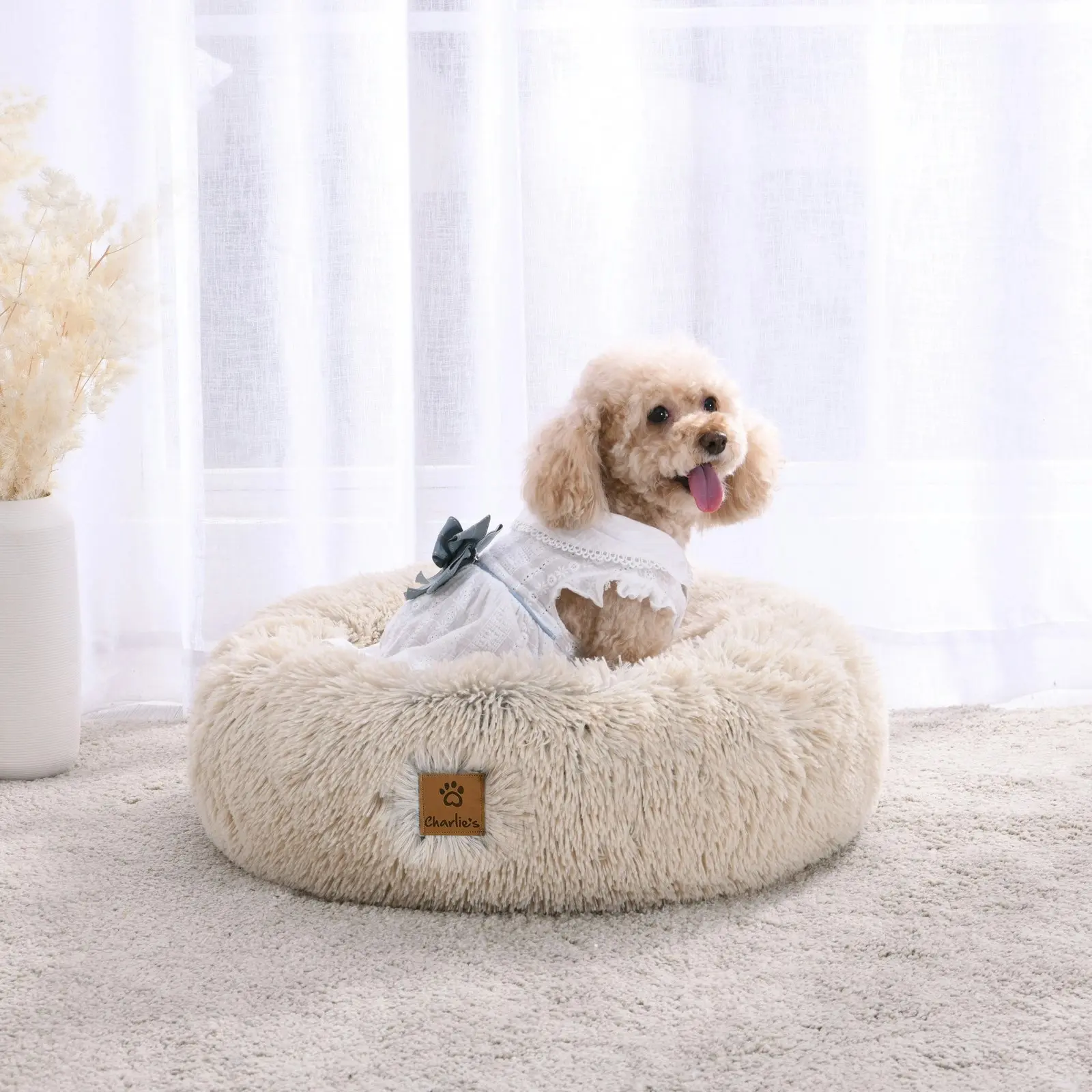 Charlie's Shaggy Faux Fur Donut Calming Pet Nest Bed Cream Chinchilla Small