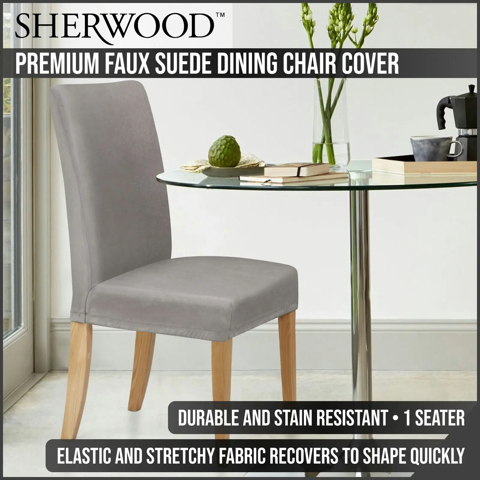 Sherwood Home Premium Faux Suede Silver Dining Chair Cover