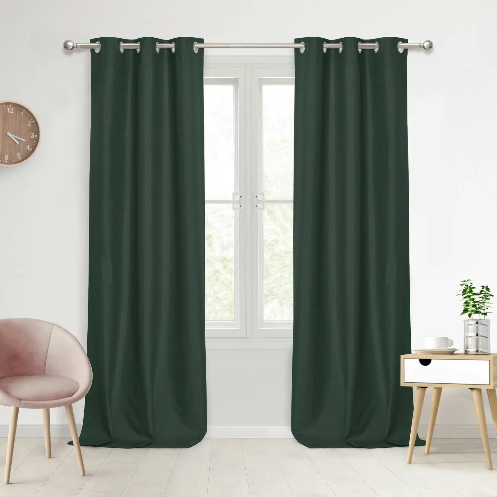 Sherwood Home 100% Blockout Eyelet Curtain Pair Forest Green 90x223cm