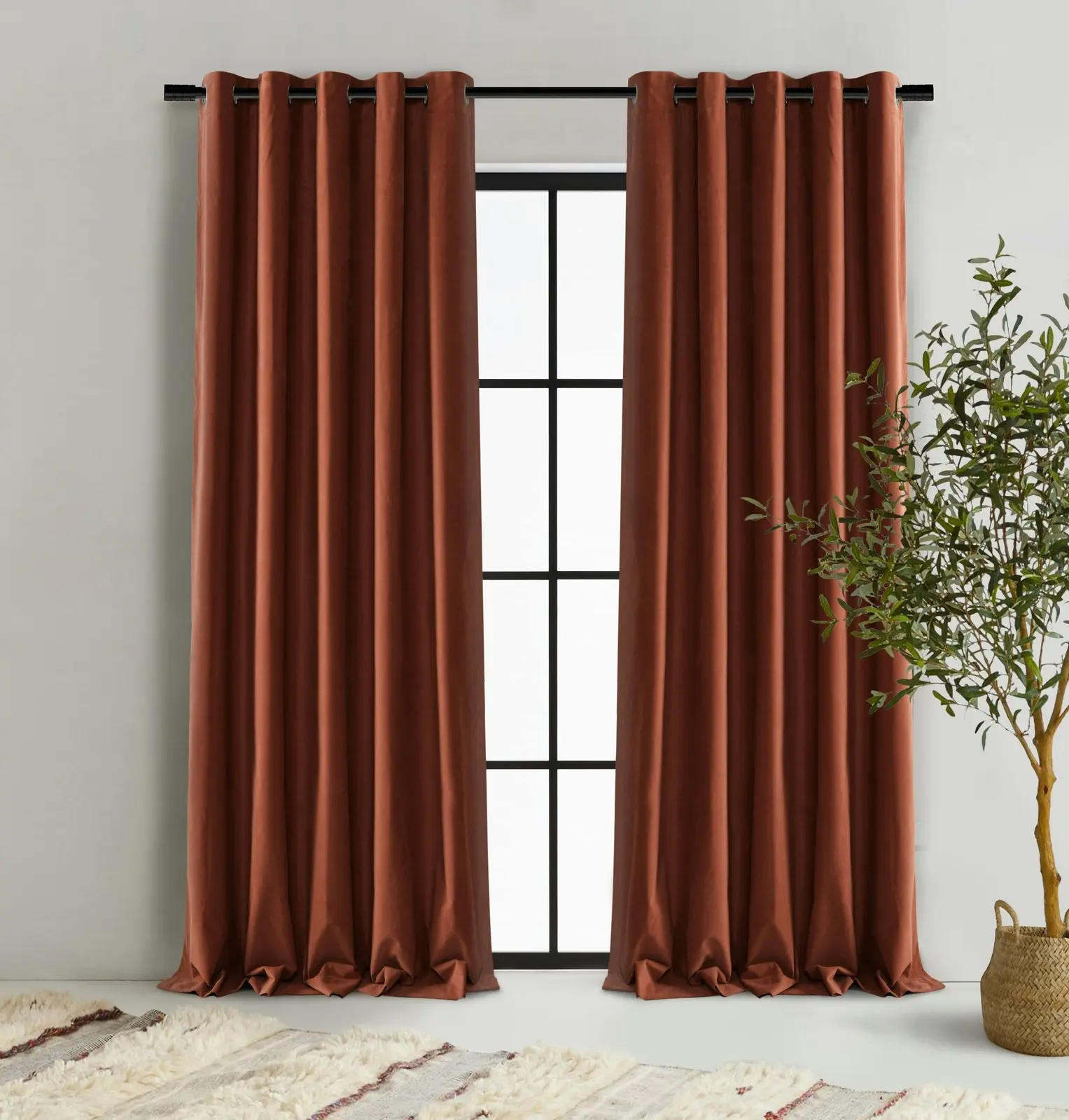 Cadence & Co. Byron Matte Velvet 100% Blockout Eyelet Curtains Twin Pack Rust 135x223cm