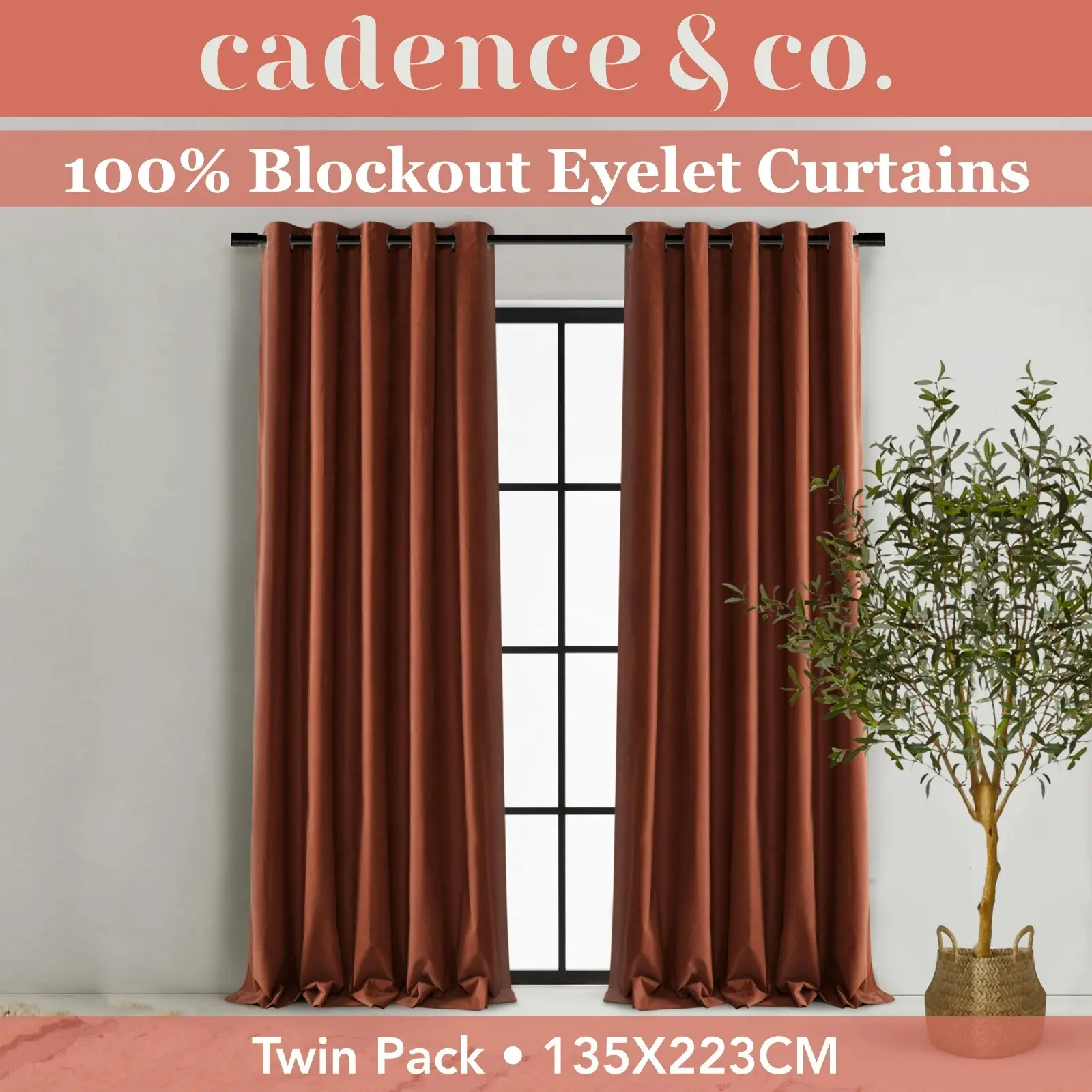 Cadence & Co. Byron Matte Velvet 100% Blockout Eyelet Curtains Twin Pack Rust 135x223cm