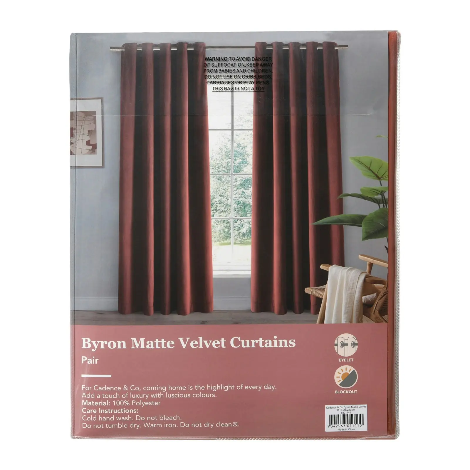 Cadence & Co. Byron Matte Velvet 100% Blockout Eyelet Curtains Twin Pack Rust 135x223cm