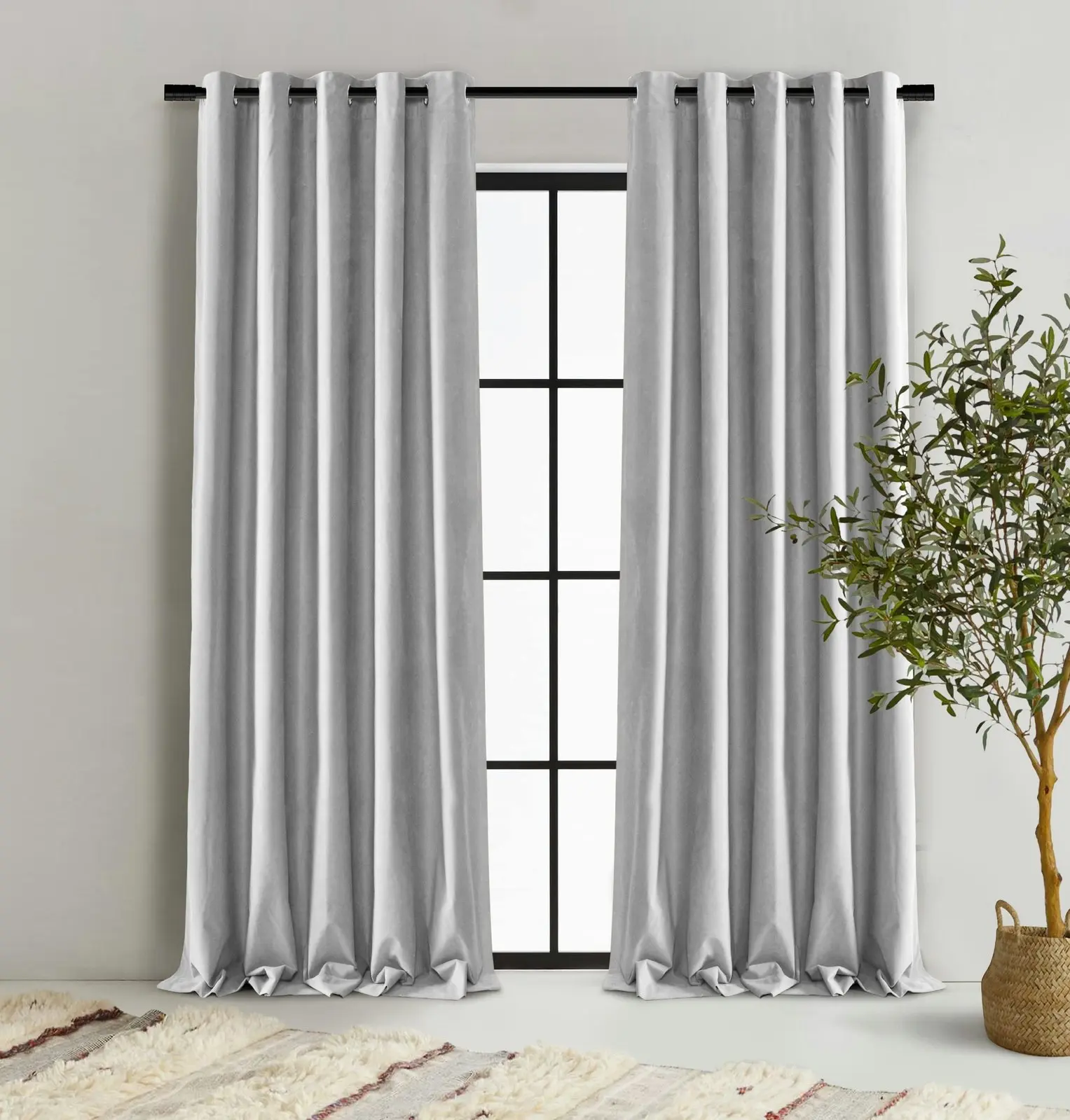 Cadence & Co Byron Matte Velvet 100% Blockout Eyelet Curtains Twin Pack Silver 135x223cm