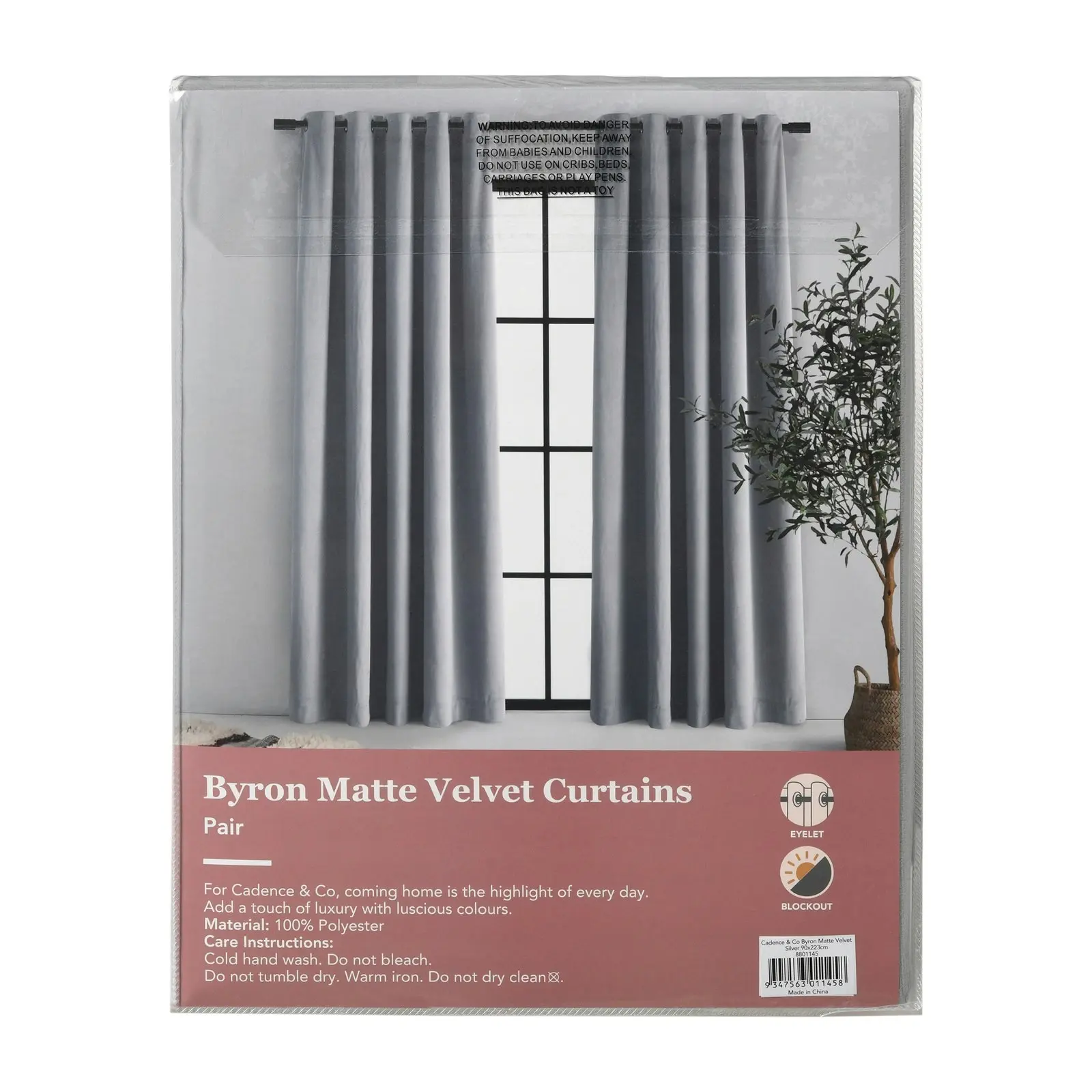 Cadence & Co Byron Matte Velvet 100% Blockout Eyelet Curtains Twin Pack Silver 135x223cm