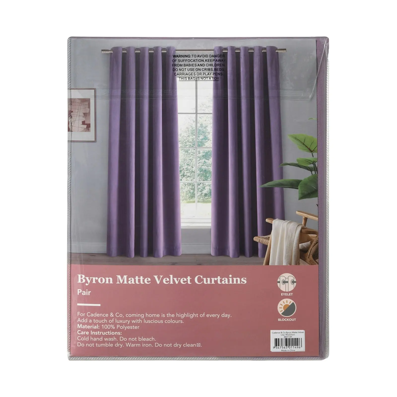 Cadence & Co. Byron Matte Velvet 100% Blockout Eyelet Curtains Twin Pack Lilac 135x223cm