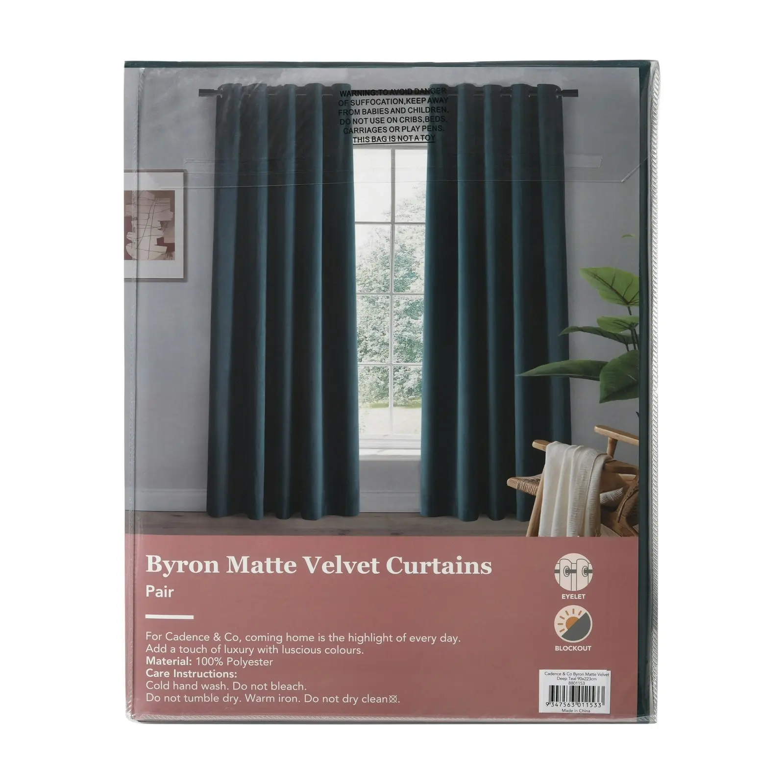 Cadence & Co. Byron Matte Velvet 100% Blockout Eyelet Curtains Twin Pack Deep Teal 135x223cm