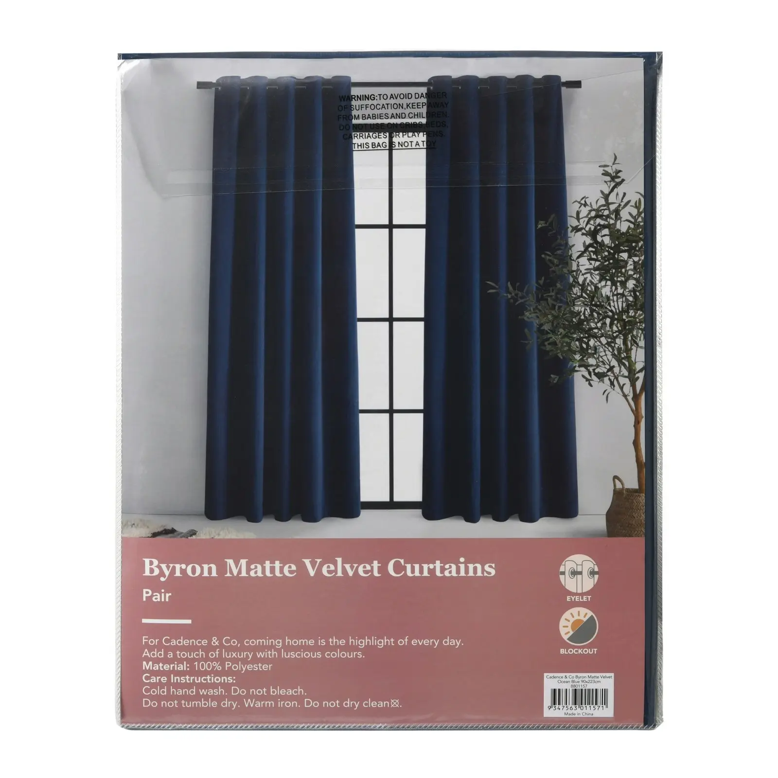 Cadence & Co. Byron Matte Velvet 100% Blockout Eyelet Curtains Twin Pack Ocean Blue 135x223cm