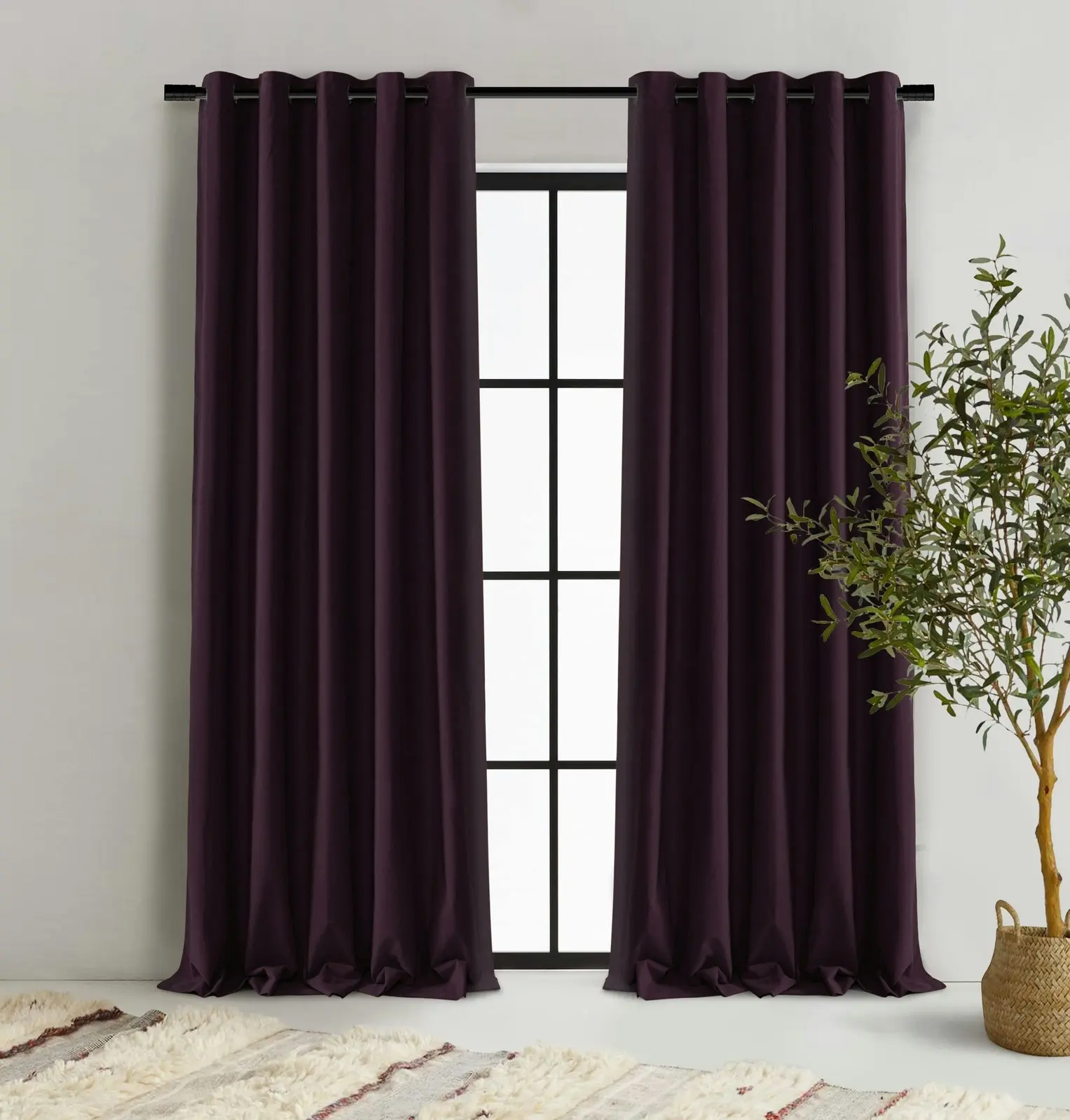 Cadence & Co. Byron Matte Velvet 100% Blockout Eyelet Curtains Twin Pack Aubergine 135x223cm