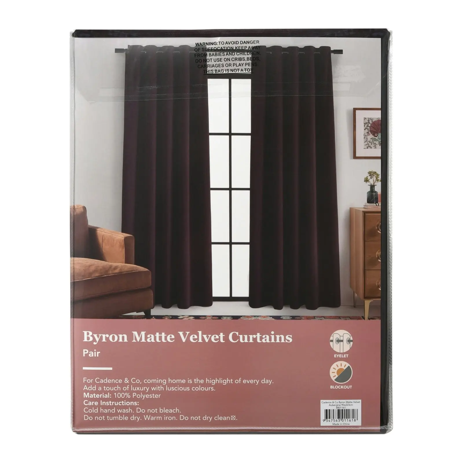 Cadence & Co. Byron Matte Velvet 100% Blockout Eyelet Curtains Twin Pack Aubergine 135x223cm