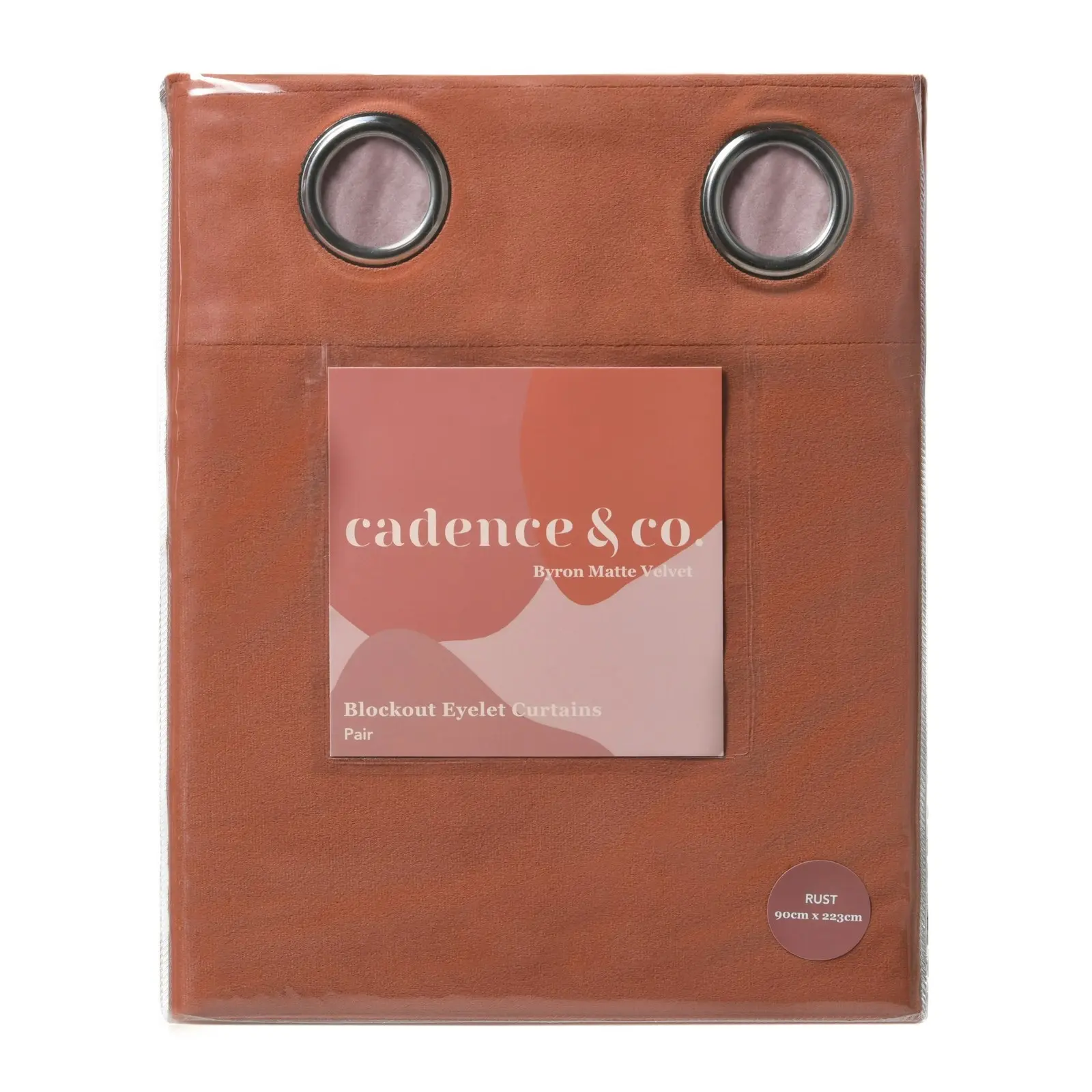 Cadence & Co. Byron Matte Velvet 100% Blockout Eyelet Curtains Twin Pack Rust 180x223cm