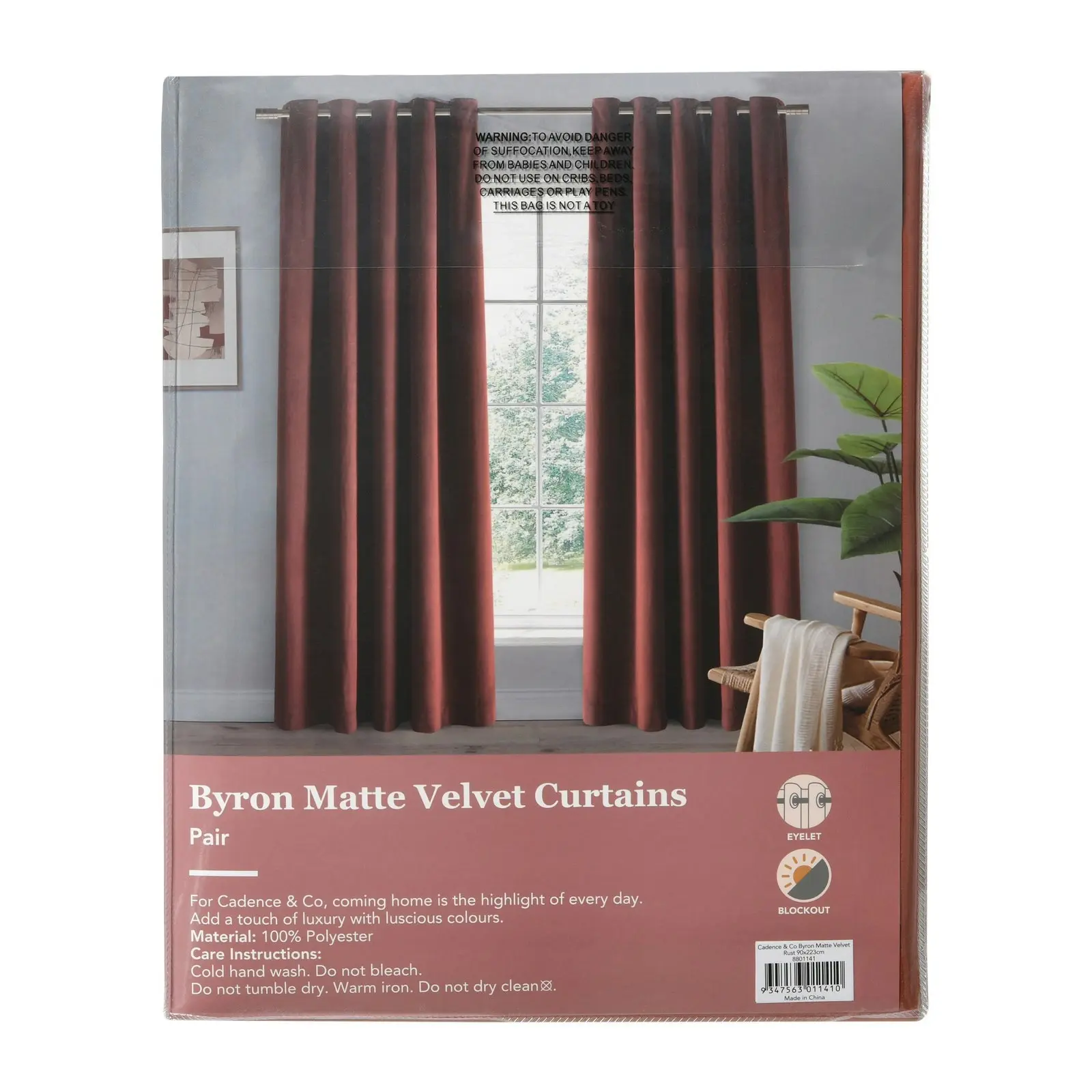 Cadence & Co. Byron Matte Velvet 100% Blockout Eyelet Curtains Twin Pack Rust 180x223cm