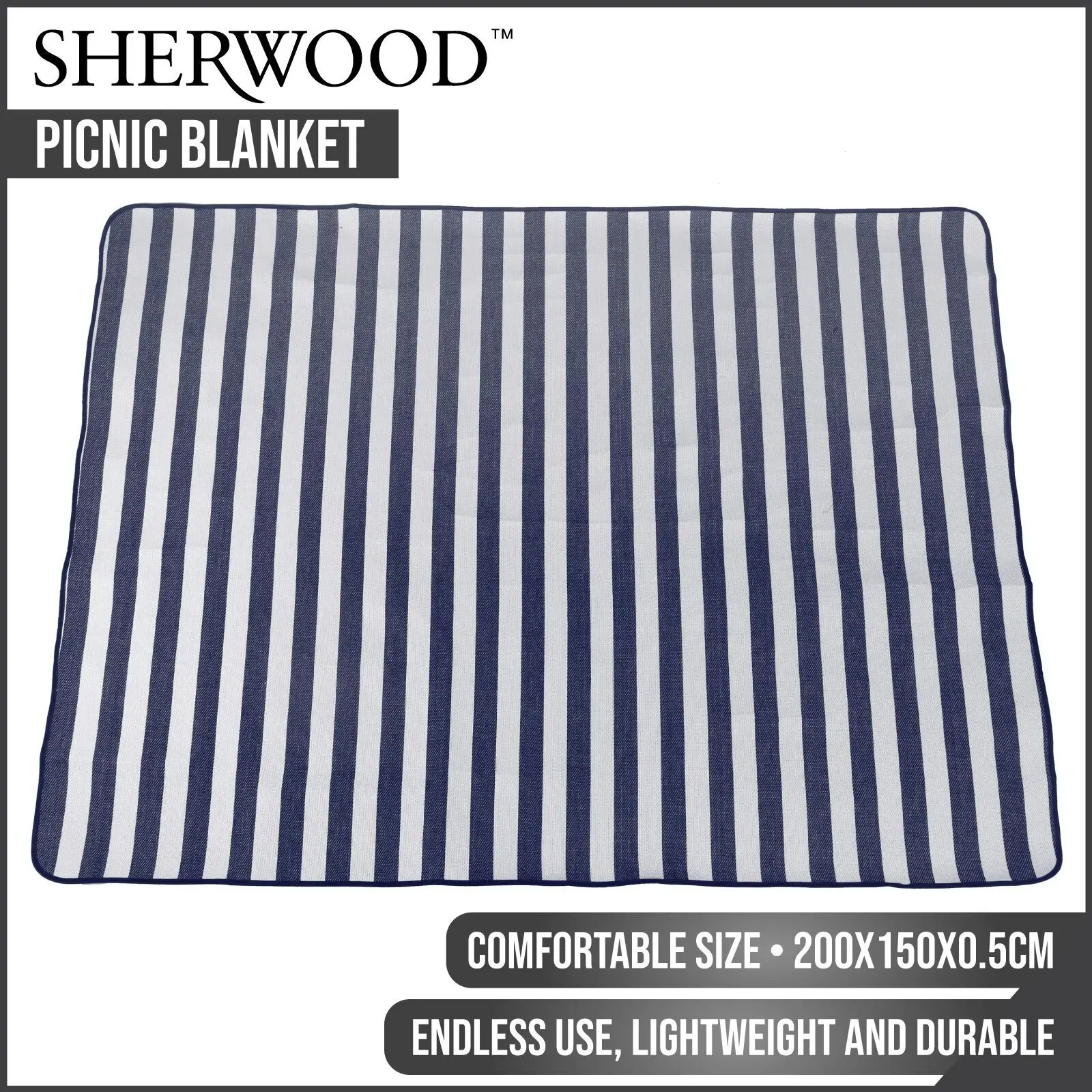 Sherwood Home Picnic Blanket Blue and White Striped 200x150cm