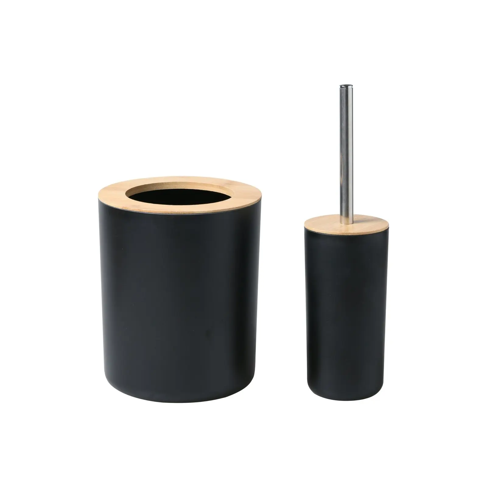 Takara Takae Bathroom Accessory Set 2-Piece Bamboo Toilet Brusher and Rubbish Bin Black