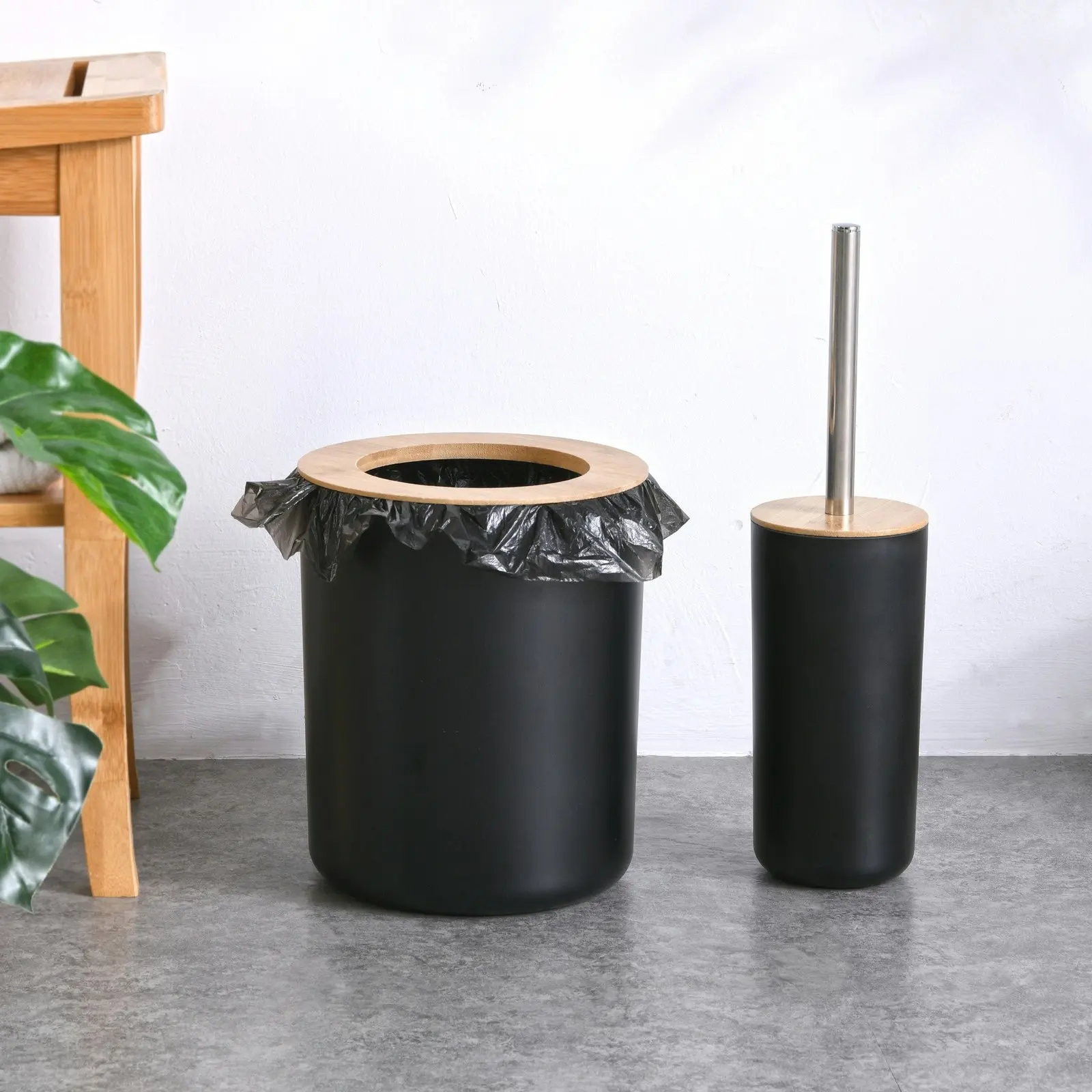 Takara Takae Bathroom Accessory Set 2-Piece Bamboo Toilet Brusher and Rubbish Bin Black