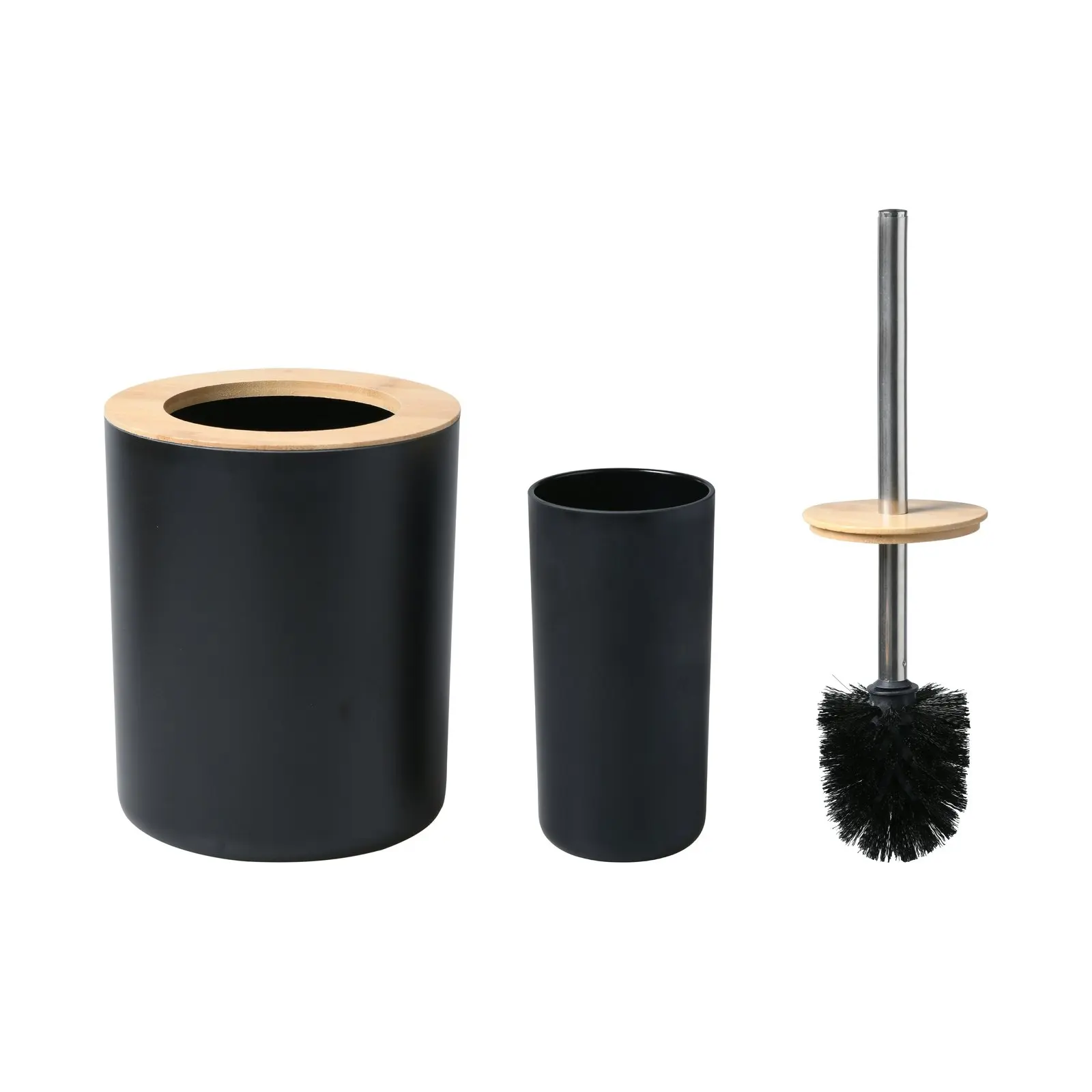 Takara Takae Bathroom Accessory Set 2-Piece Bamboo Toilet Brusher and Rubbish Bin Black