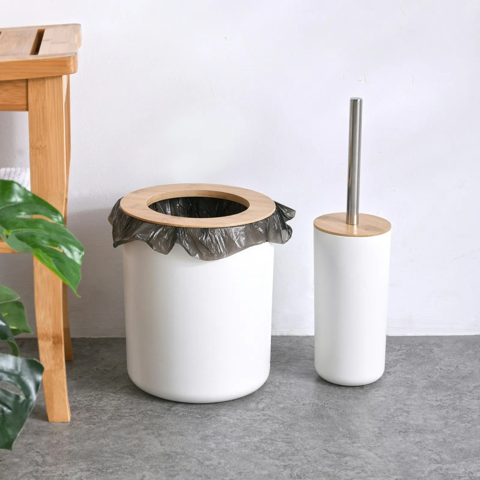 Takara Takae Bathroom Accessory Set 2-Piece Bamboo Toilet Brusher and Rubbish Bin White