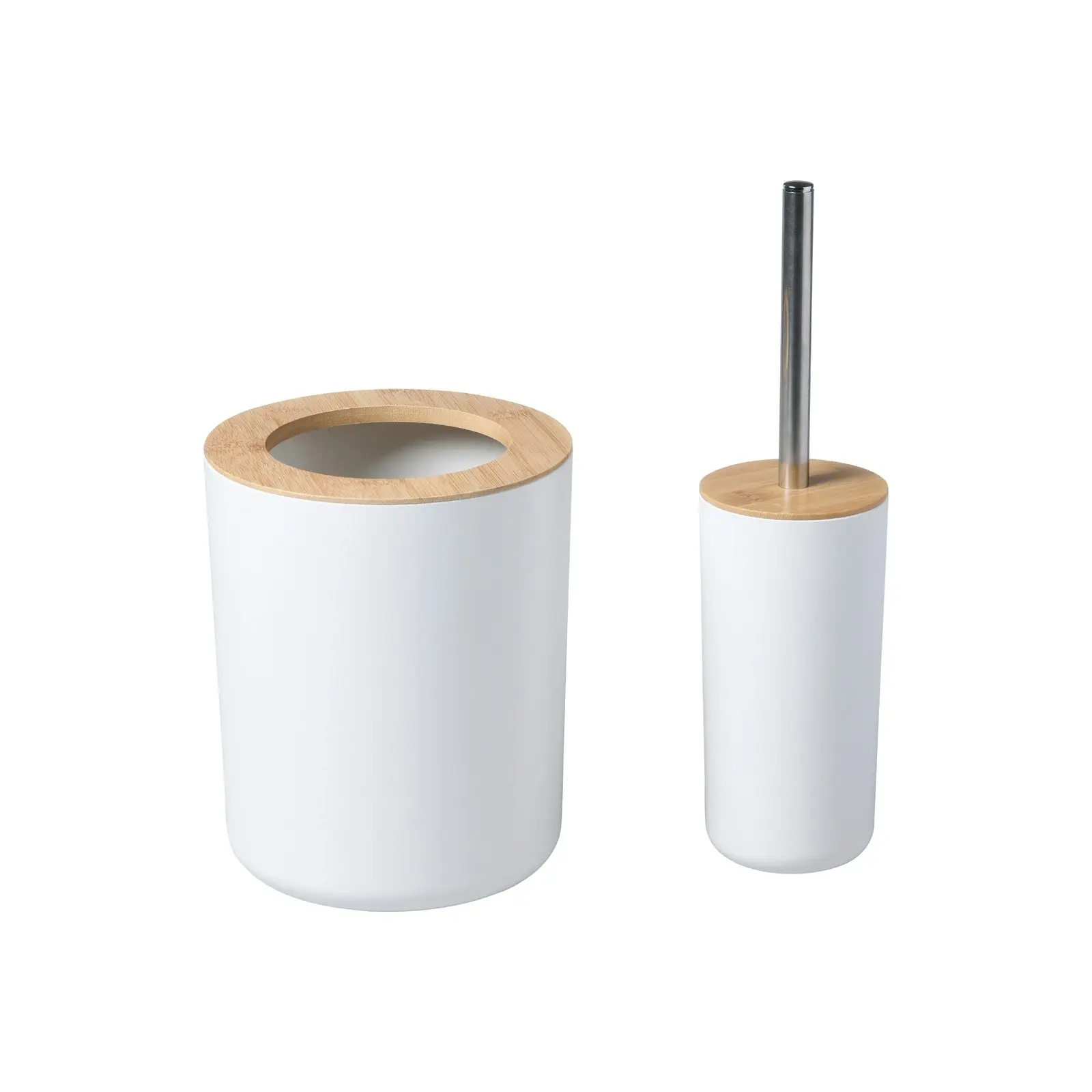 Takara Takae Bathroom Accessory Set 2-Piece Bamboo Toilet Brusher and Rubbish Bin White