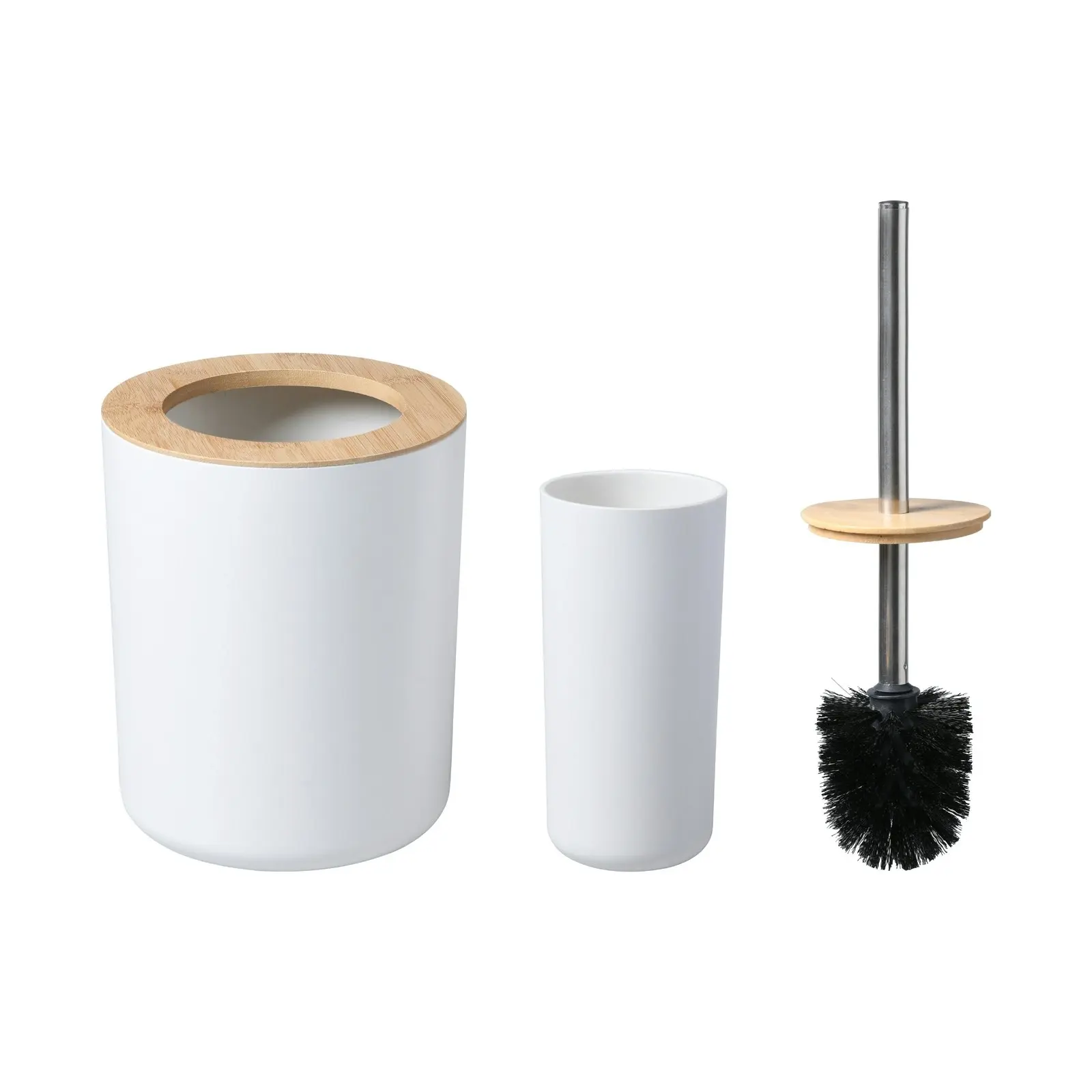 Takara Takae Bathroom Accessory Set 2-Piece Bamboo Toilet Brusher and Rubbish Bin White