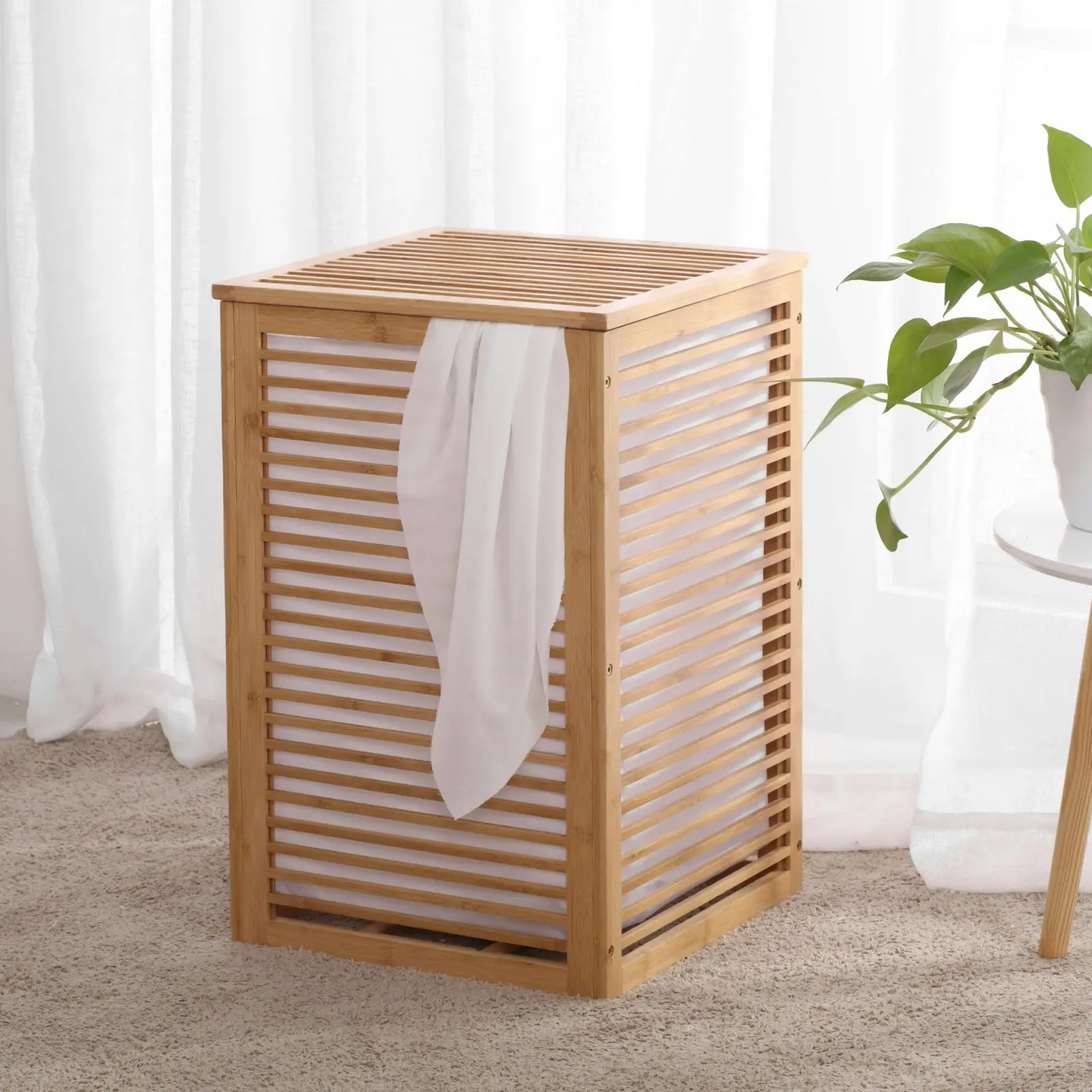 Sherwood Home Foldable Bamboo Laundry with Lid Large 38.8x38.8x58cm