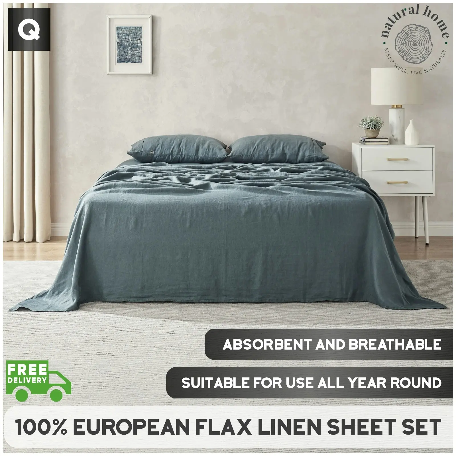 Natural Home 100% European Flax Linen Sheet Set Washed Blue Queen Bed