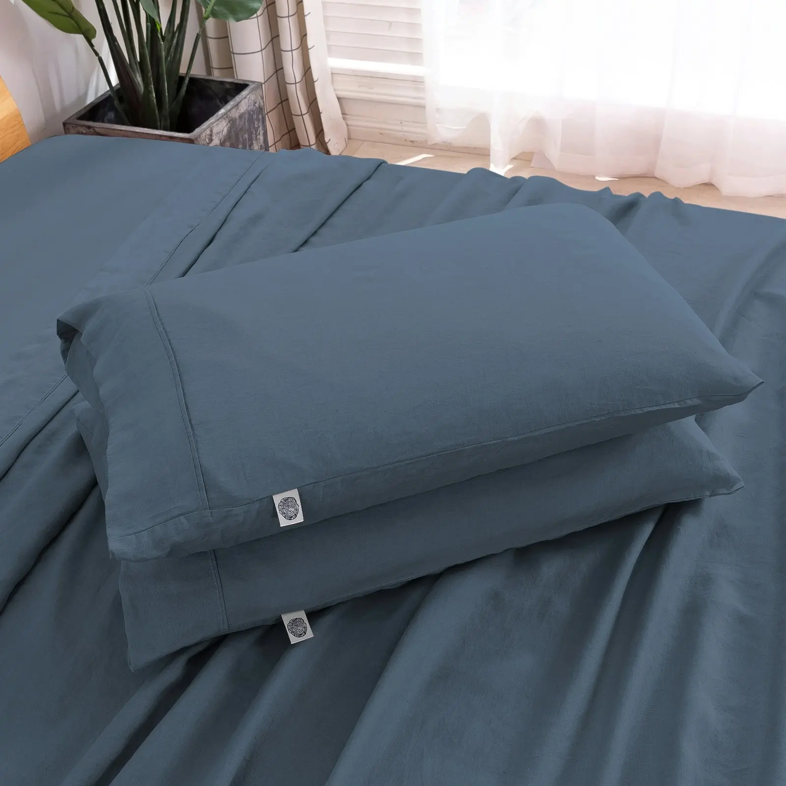 Natural Home 100% European Flax Linen Sheet Set Washed Blue Queen Bed