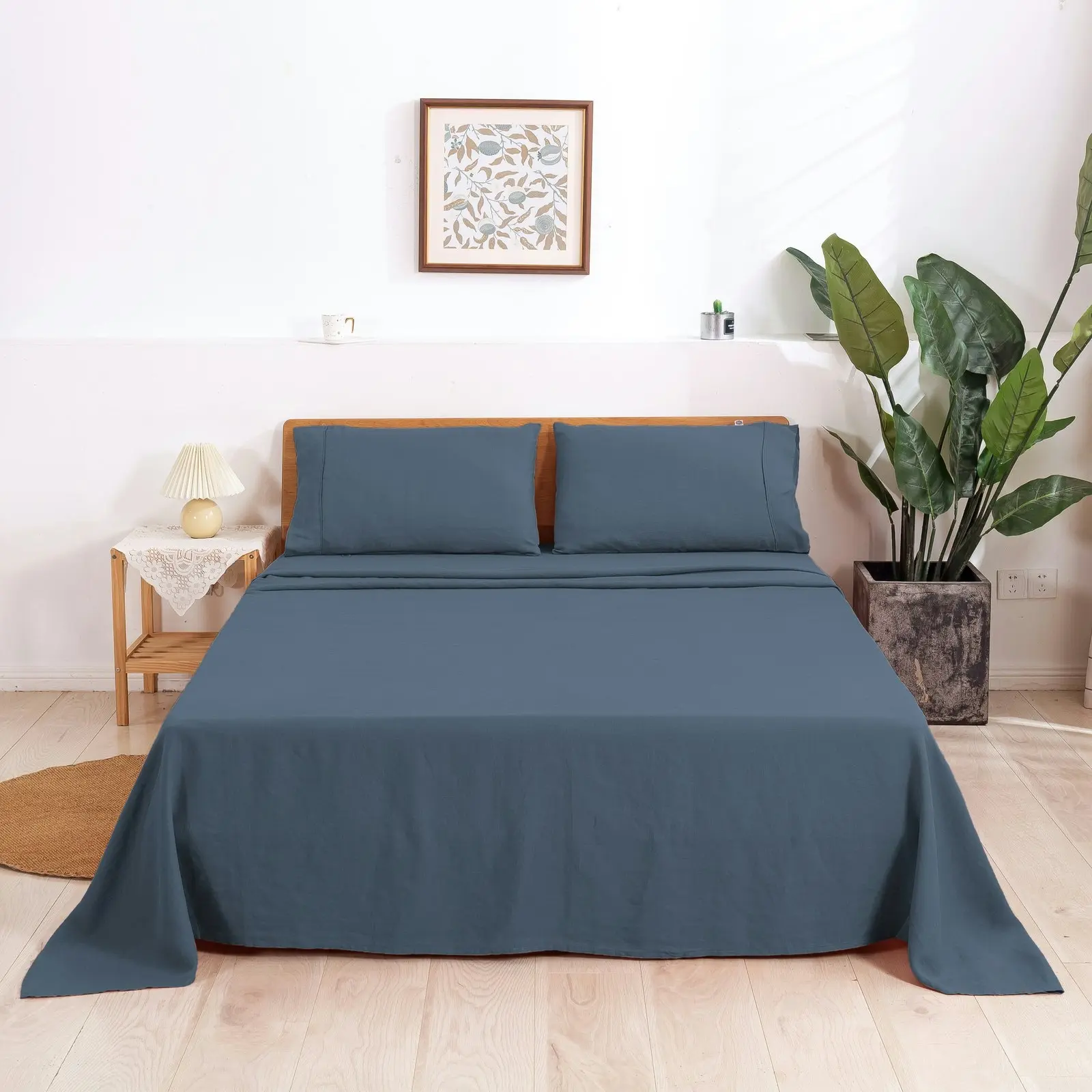 Natural Home 100% European Flax Linen Sheet Set Washed Blue Queen Bed