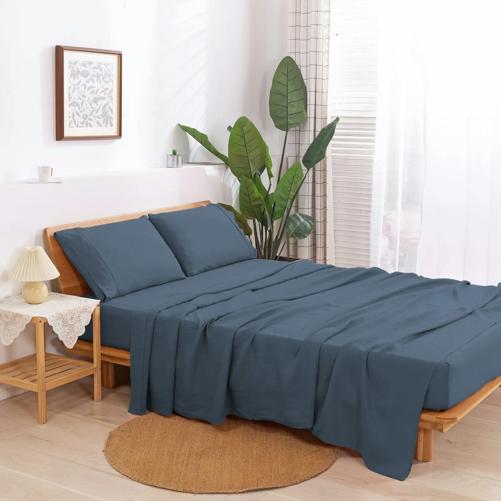 Natural Home 100% European Flax Linen Sheet Set Washed Blue Queen Bed