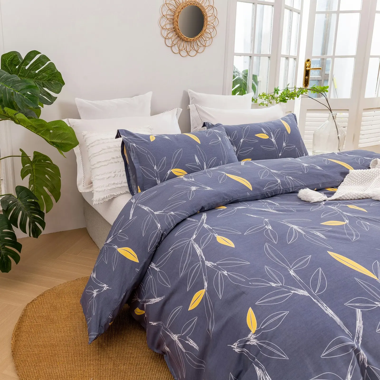 Dreamaker Botanical 100% Cotton Quilt Cover Set Grey Queen Bed