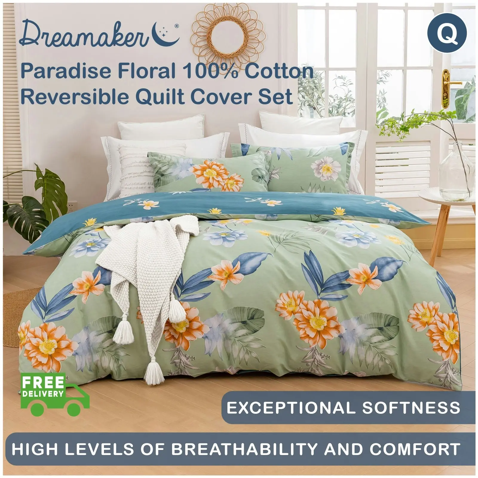 Dreamaker Paradise Floral 100% Cotton Reversible Quilt Cover Set Mint Queen Bed