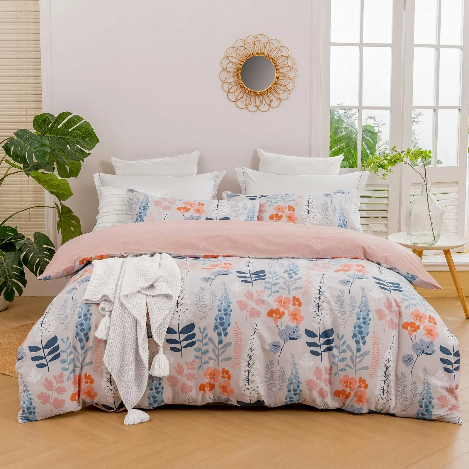 Dreamaker English Garden 100% Cotton Reversible Quilt Cover Set Pink Queen Bed