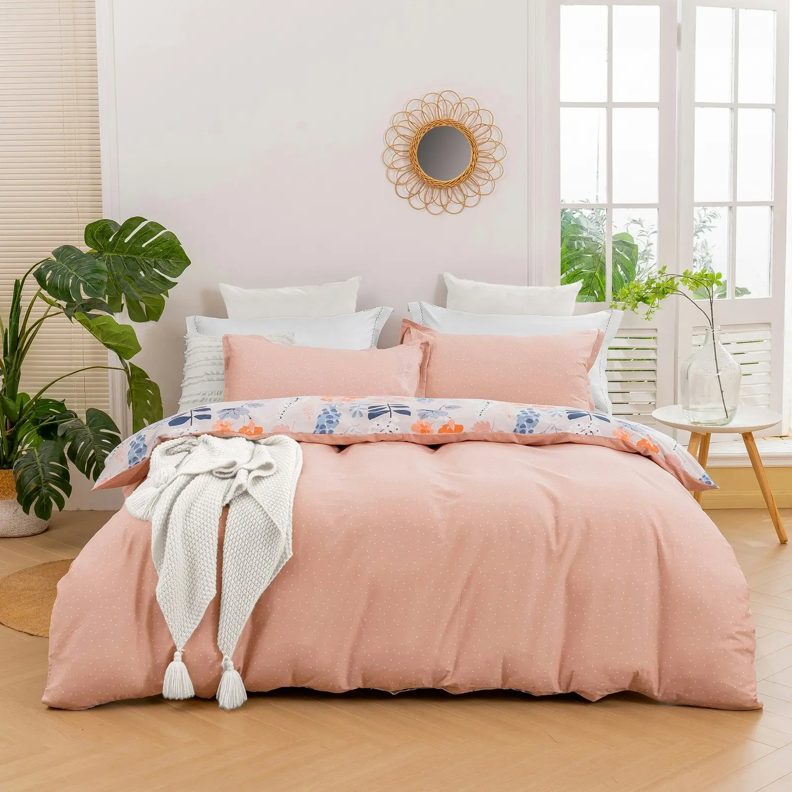 Dreamaker English Garden 100% Cotton Reversible Quilt Cover Set Pink Queen Bed