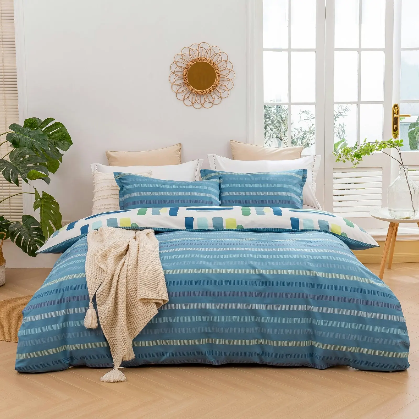 Dreamaker Rio Stripes 100% Cotton Reversible Quilt Cover Set Blue Queen Bed