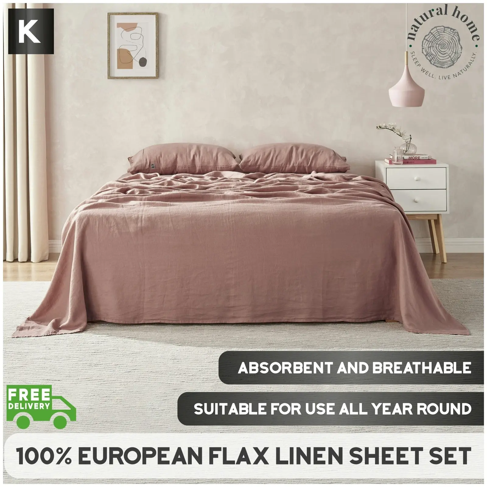 Natural Home 100% European Flax Linen Sheet Set Rose Gold King Bed