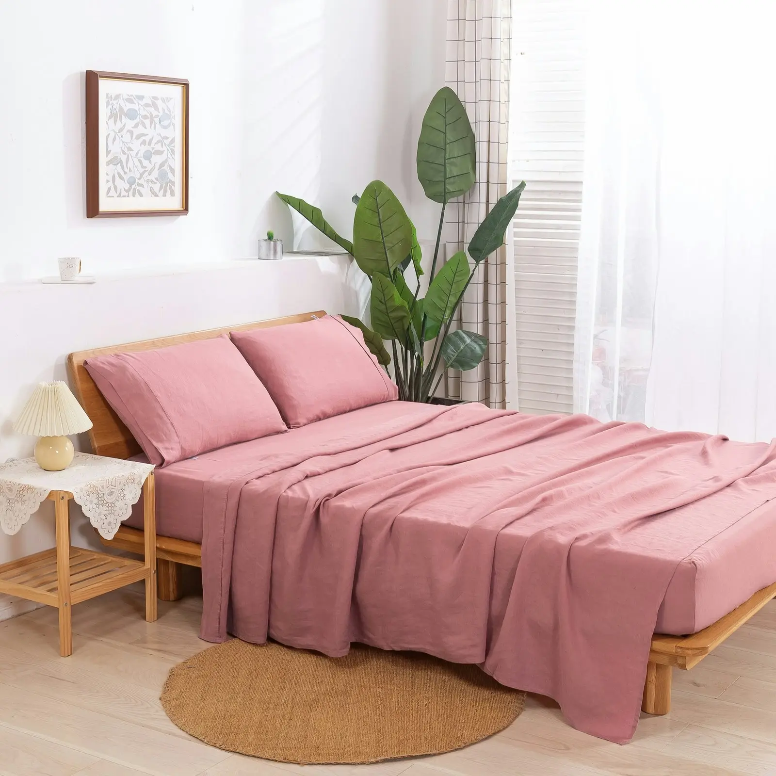 Natural Home 100% European Flax Linen Sheet Set Rose Gold Super King Bed