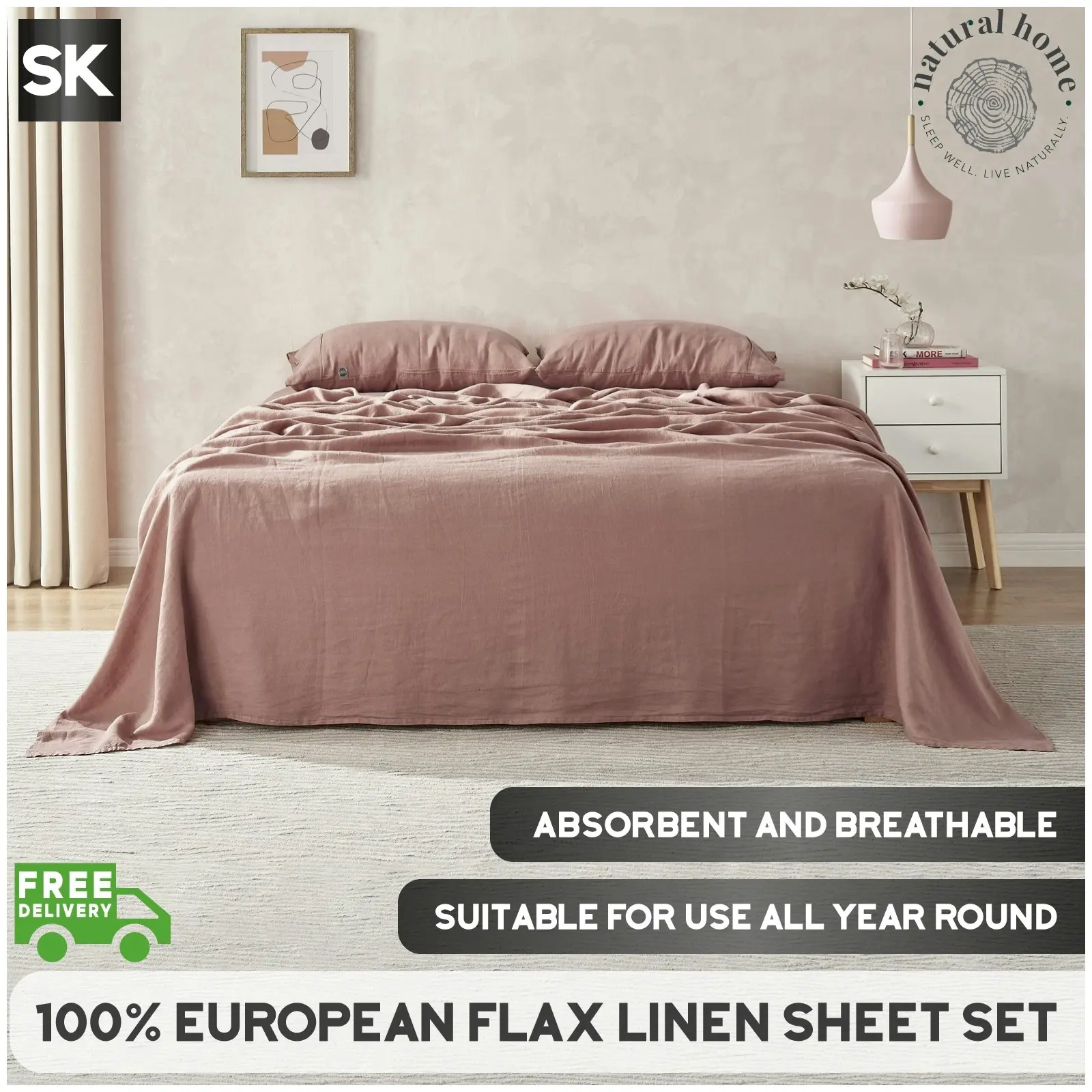 Natural Home 100% European Flax Linen Sheet Set Rose Gold Super King Bed