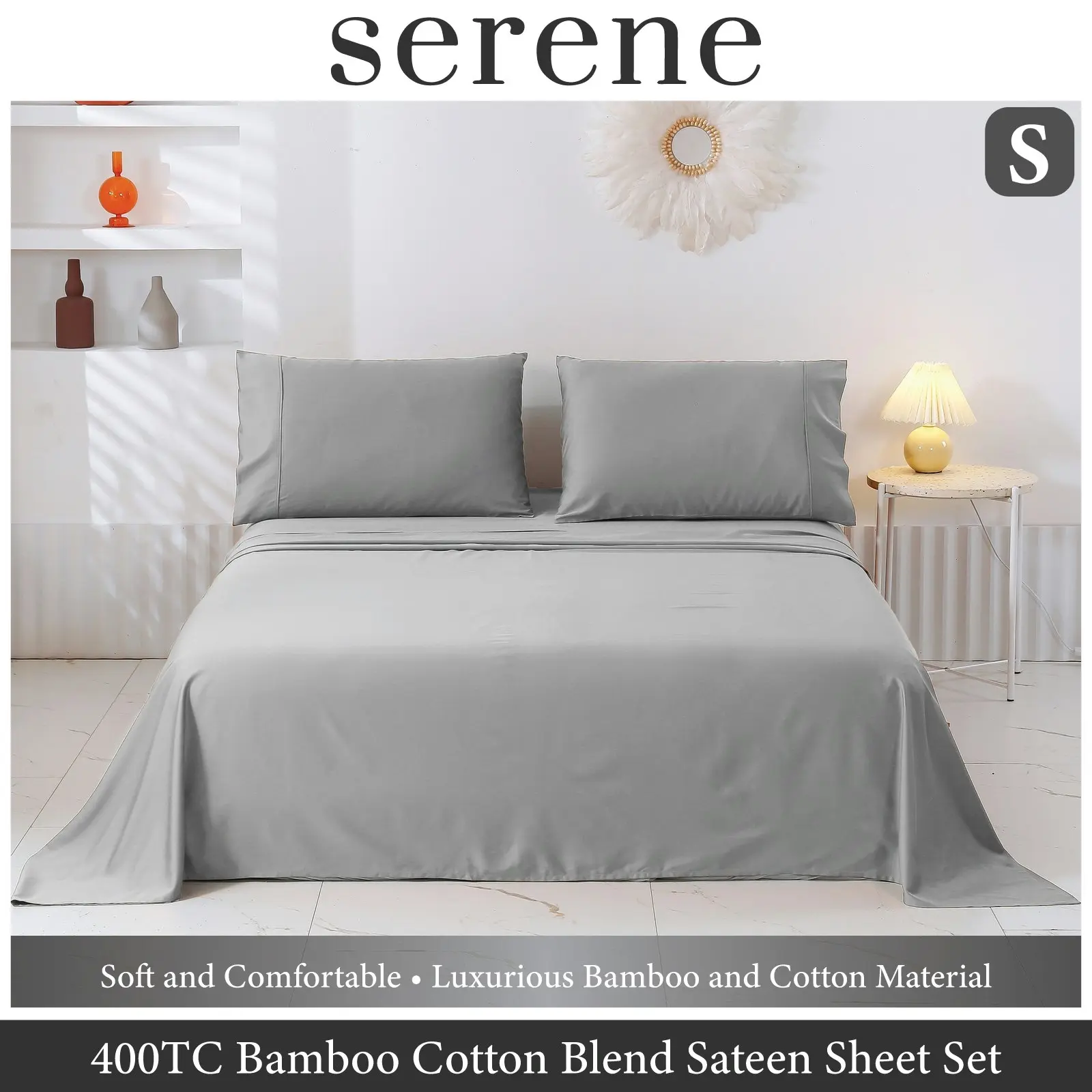 Serene 400TC Bamboo Cotton Blend Sateen Sheet Set DOVE GREY Single Bed