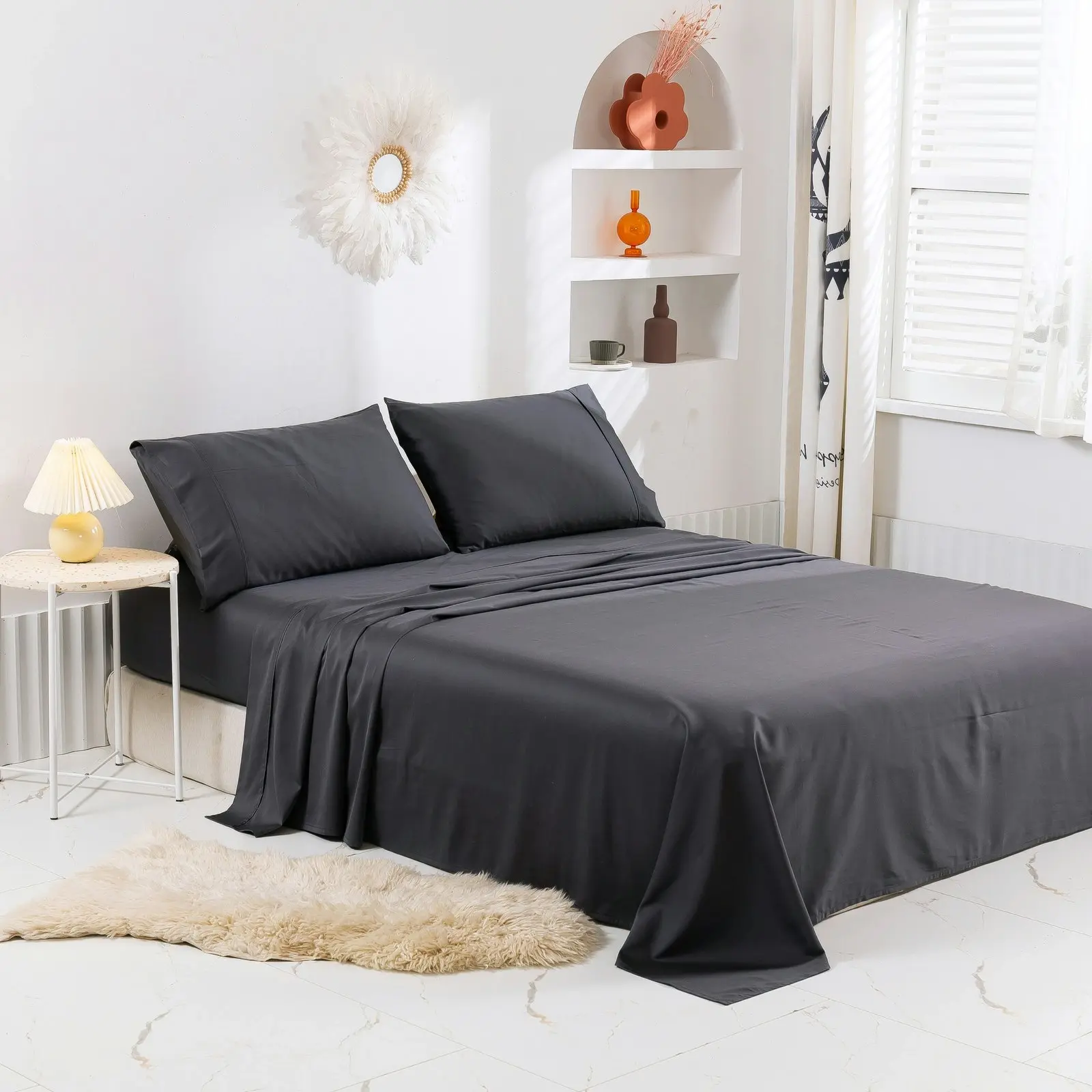 Serene 400TC Bamboo Cotton Blend Sateen Sheet Set CHARCOAL Single Bed