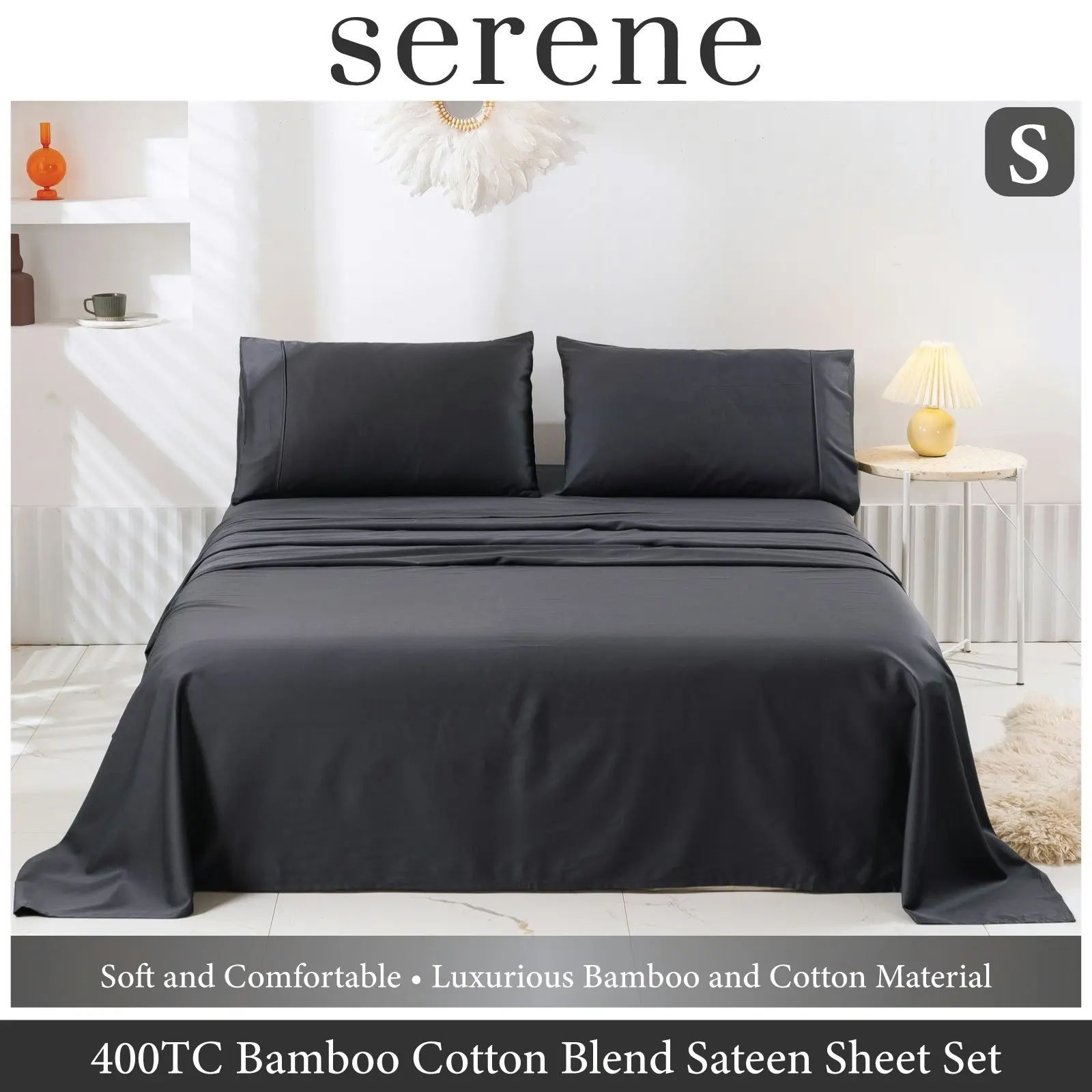 Serene 400TC Bamboo Cotton Blend Sateen Sheet Set CHARCOAL Single Bed