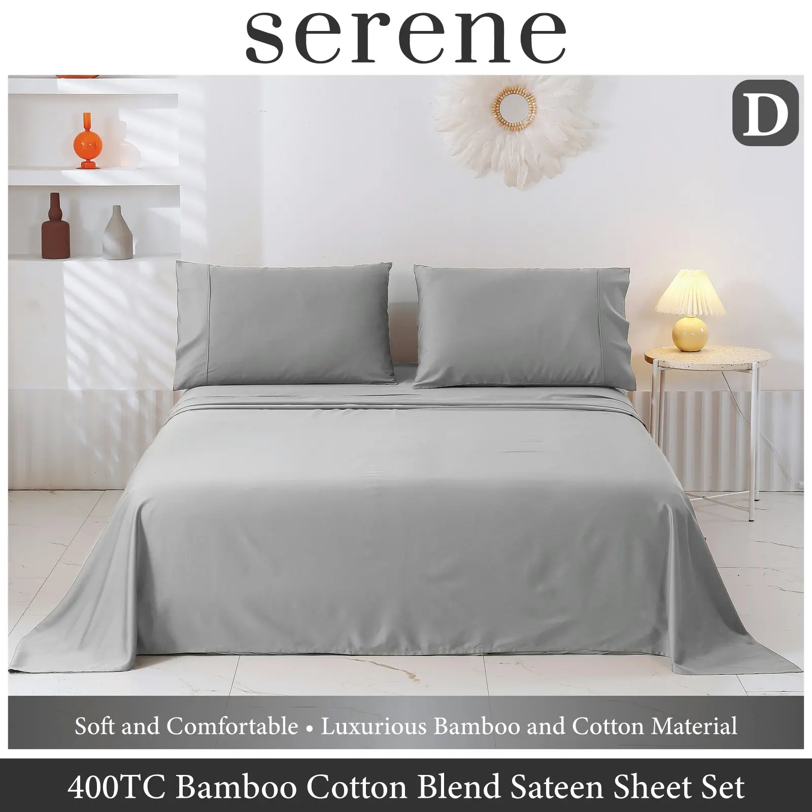 Serene 400TC Bamboo Cotton Blend Sateen Sheet Set DOVE GREY Double Bed