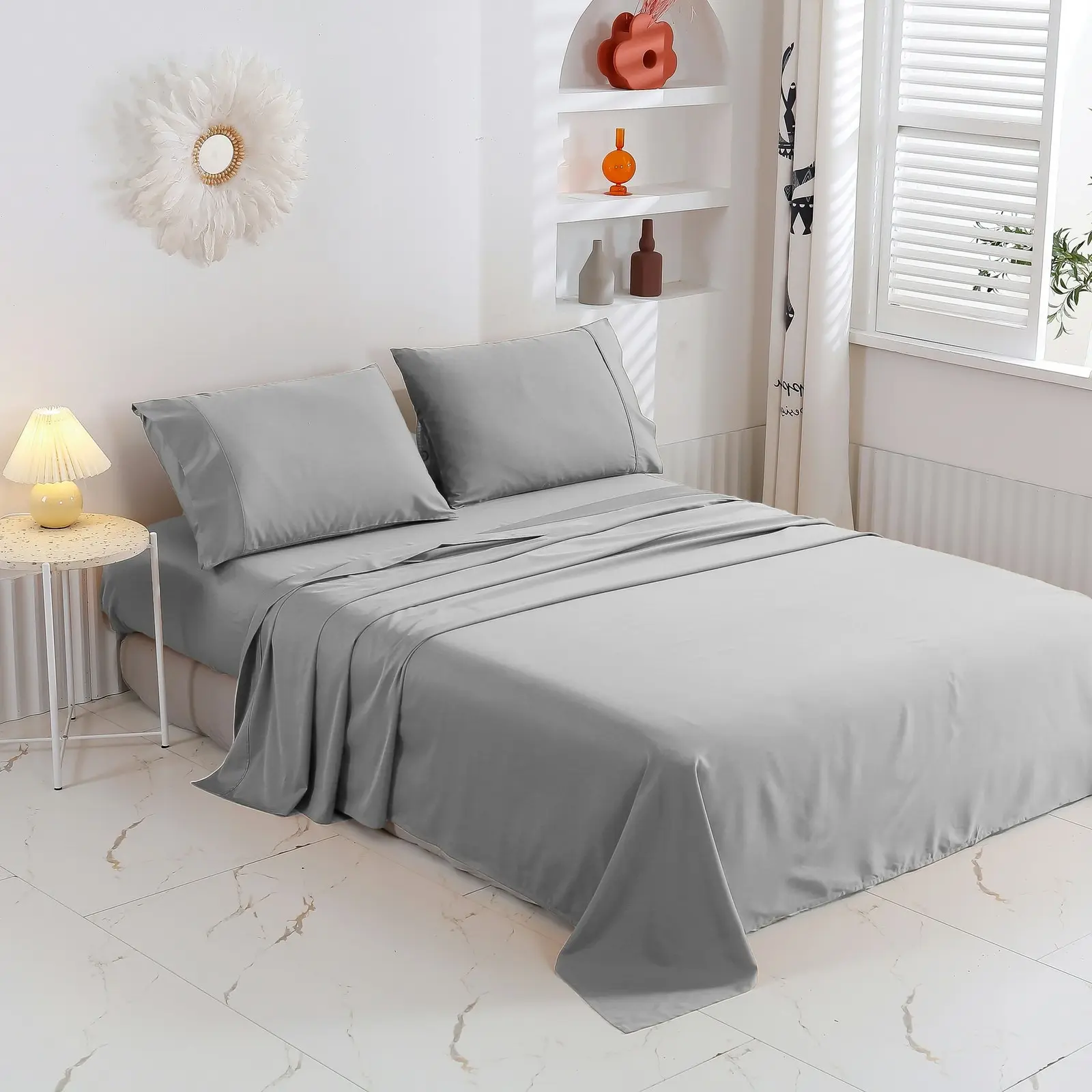 Serene 400TC Bamboo Cotton Blend Sateen Sheet Set DOVE GREY Double Bed