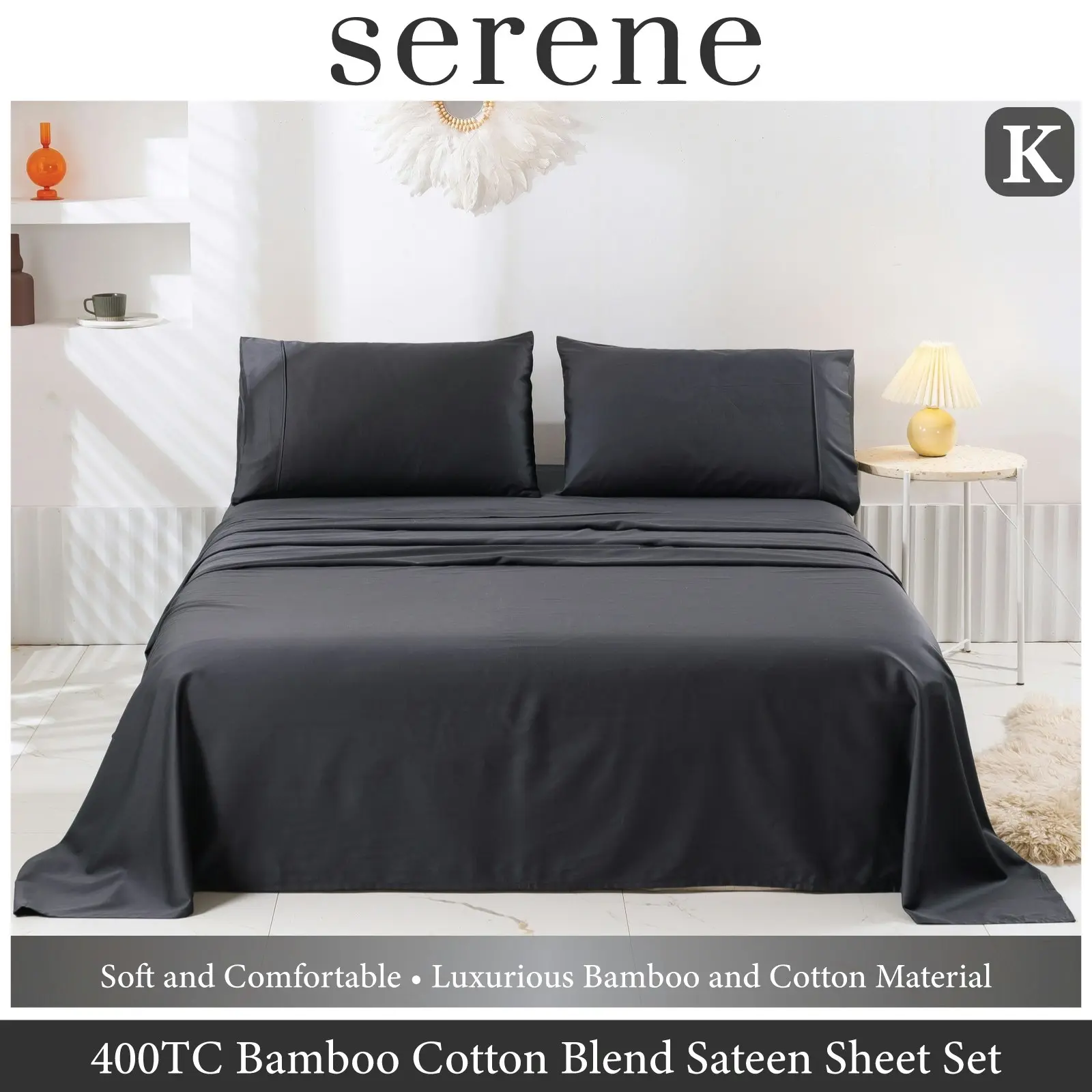 Serene 400TC Bamboo Cotton Blend Sateen Sheet Set CHARCOAL King Bed