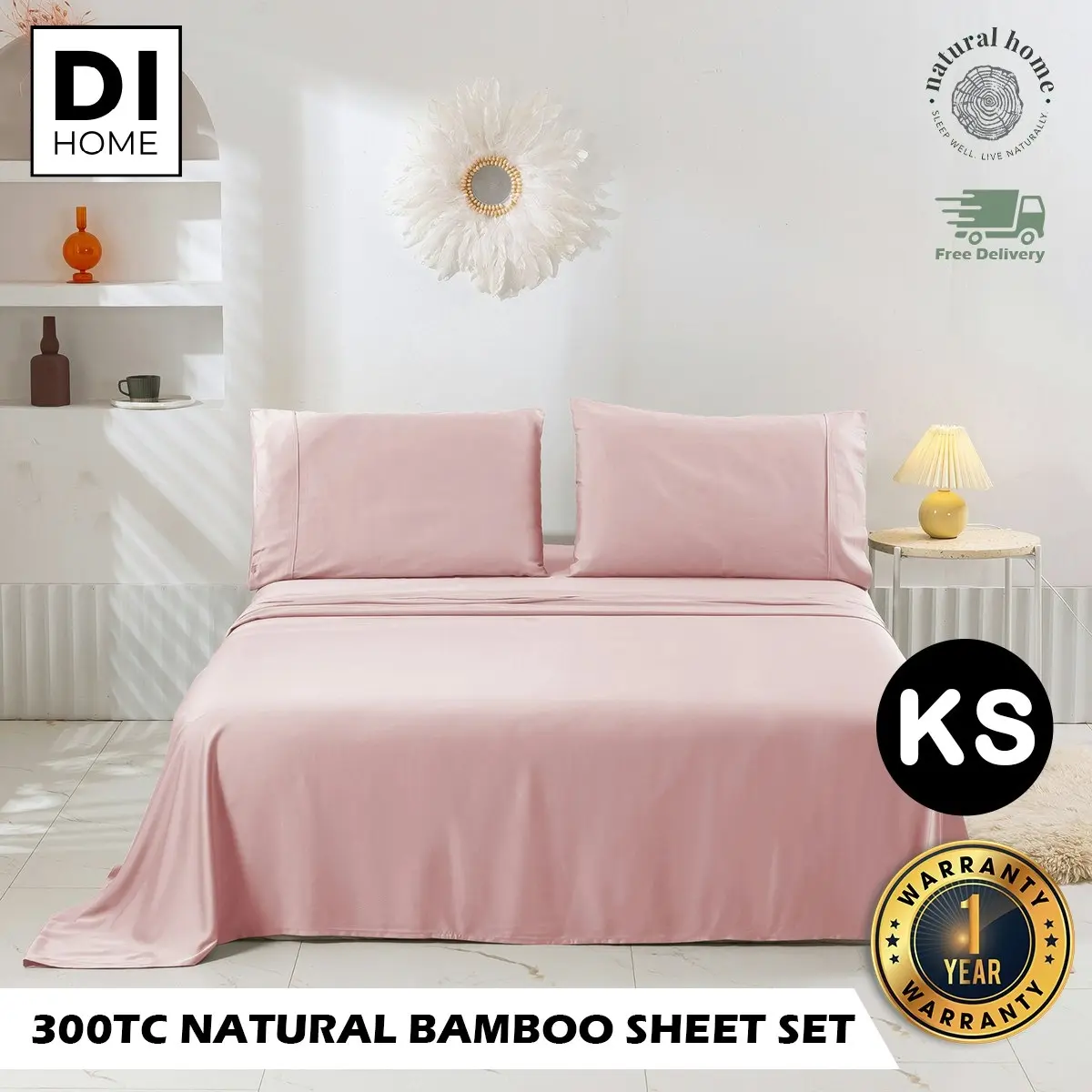 Natural Home Bamboo Sheet Set Blush Pink King Single Bed