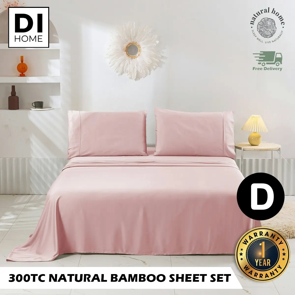 Natural Home Bamboo Sheet Set Blush Pink Double Bed