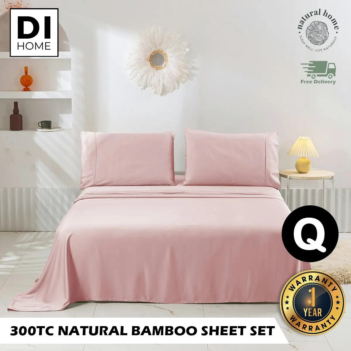 Natural Home Bamboo Sheet Set Blush Pink Queen Bed