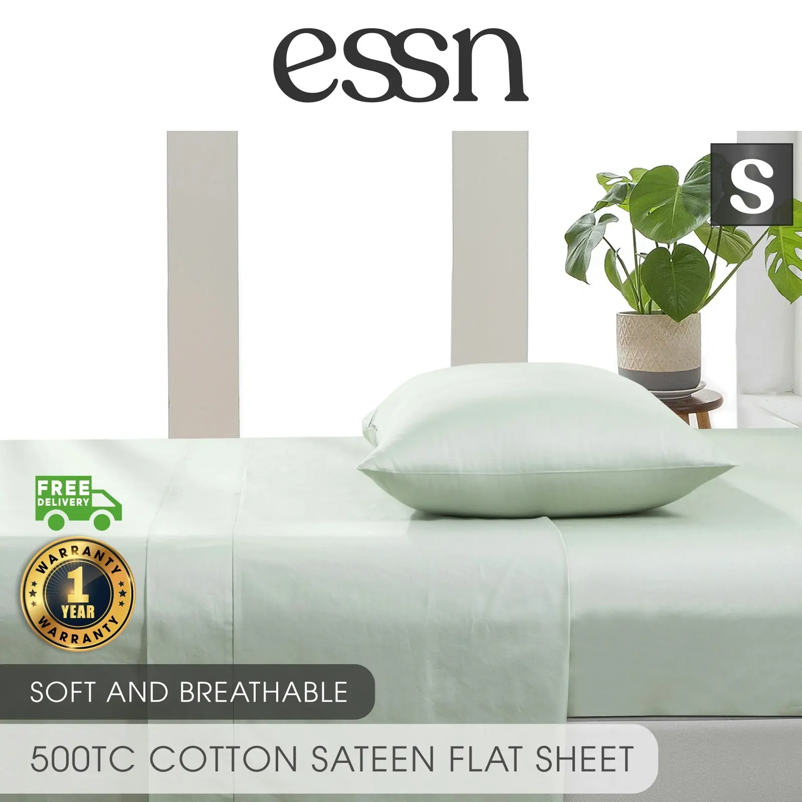 ESSN 500TC Cotton Sateen Flat Sheet Sage Single Bed