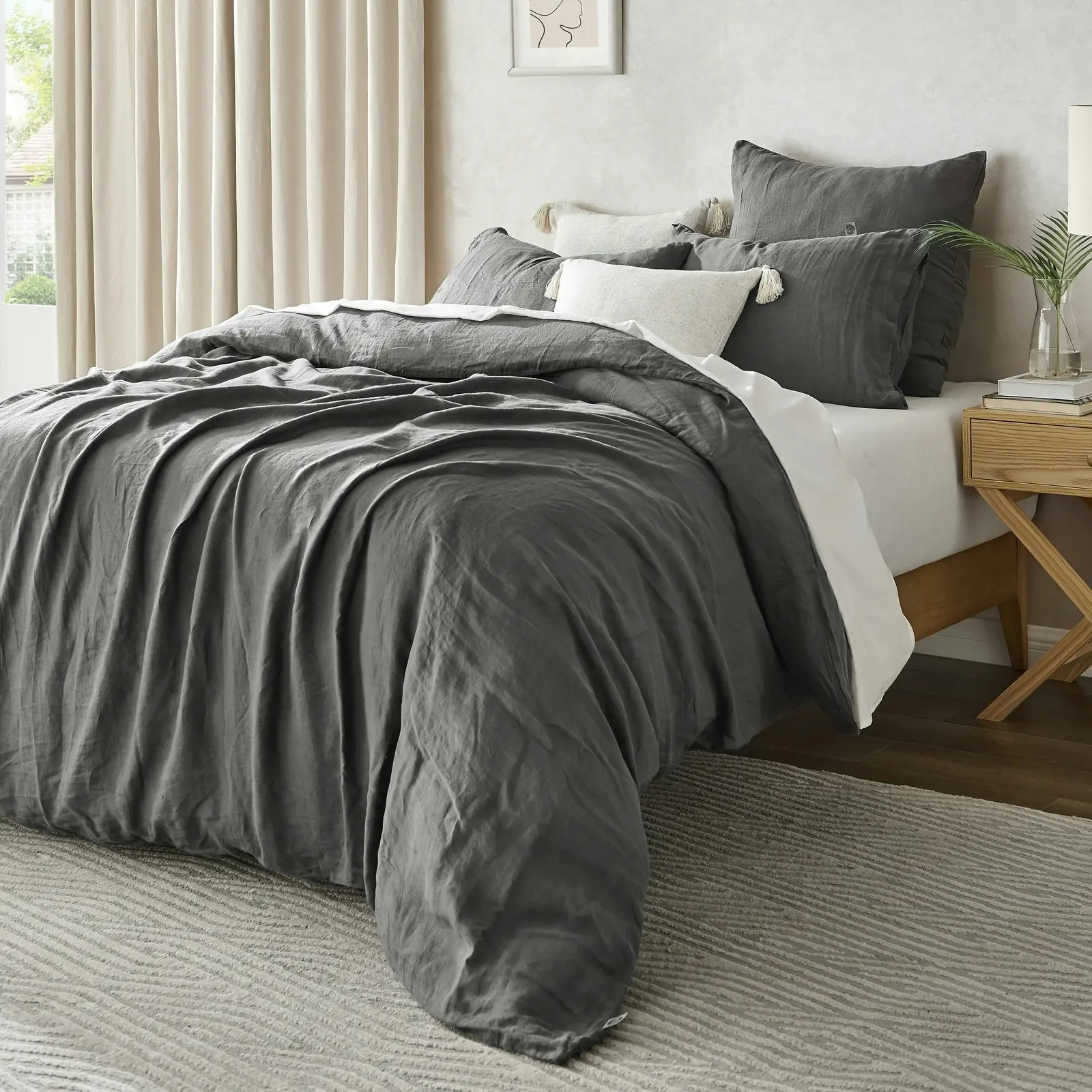 Natural Home 100% European Flax Linen Quilt Cover Set Charcoal Double Bed